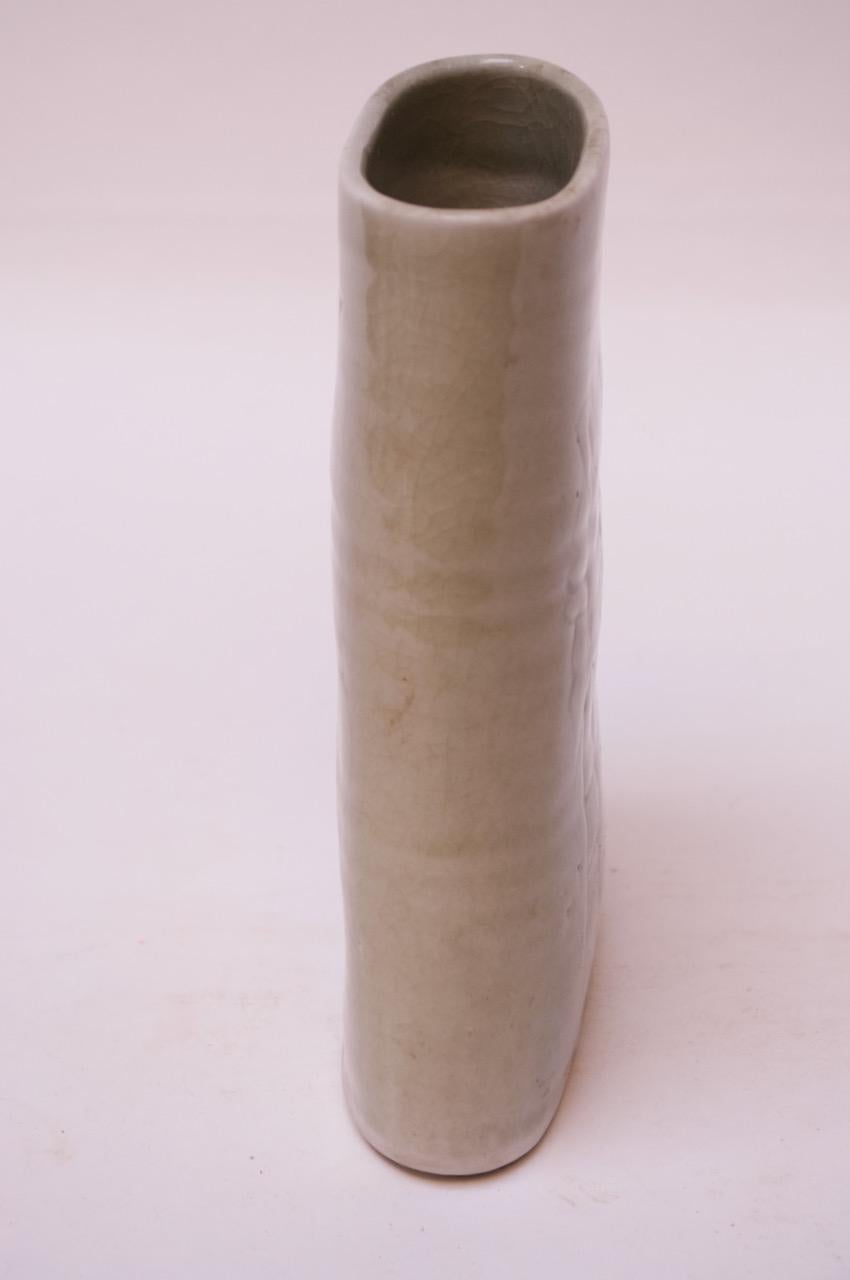 Studio Stoneware Pale Green Floral Vase Signed Pollack, 1976 In Good Condition For Sale In Brooklyn, NY