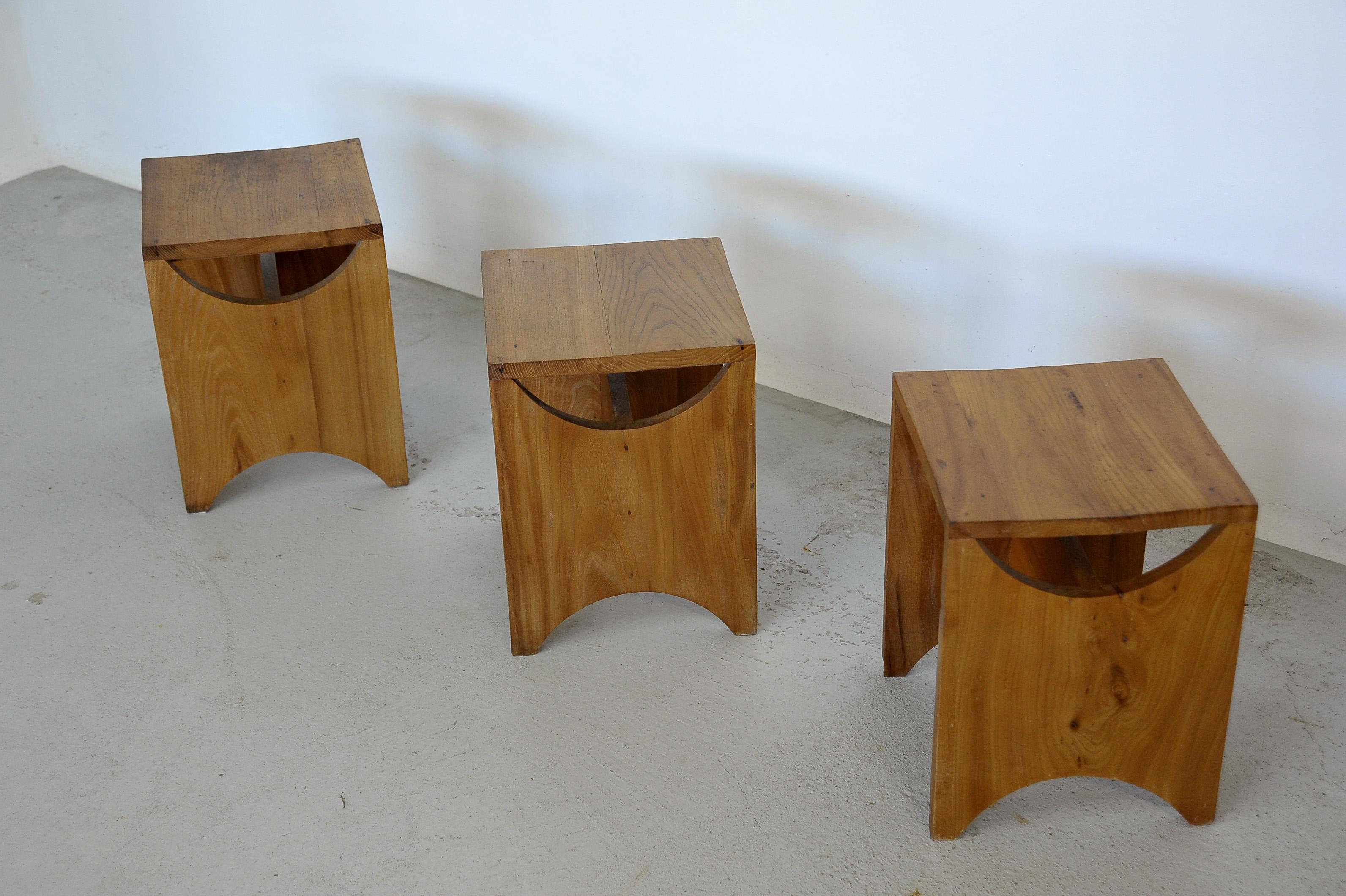 Studio Stool, Solid Elmwood, France 1970s, 3 Available 3