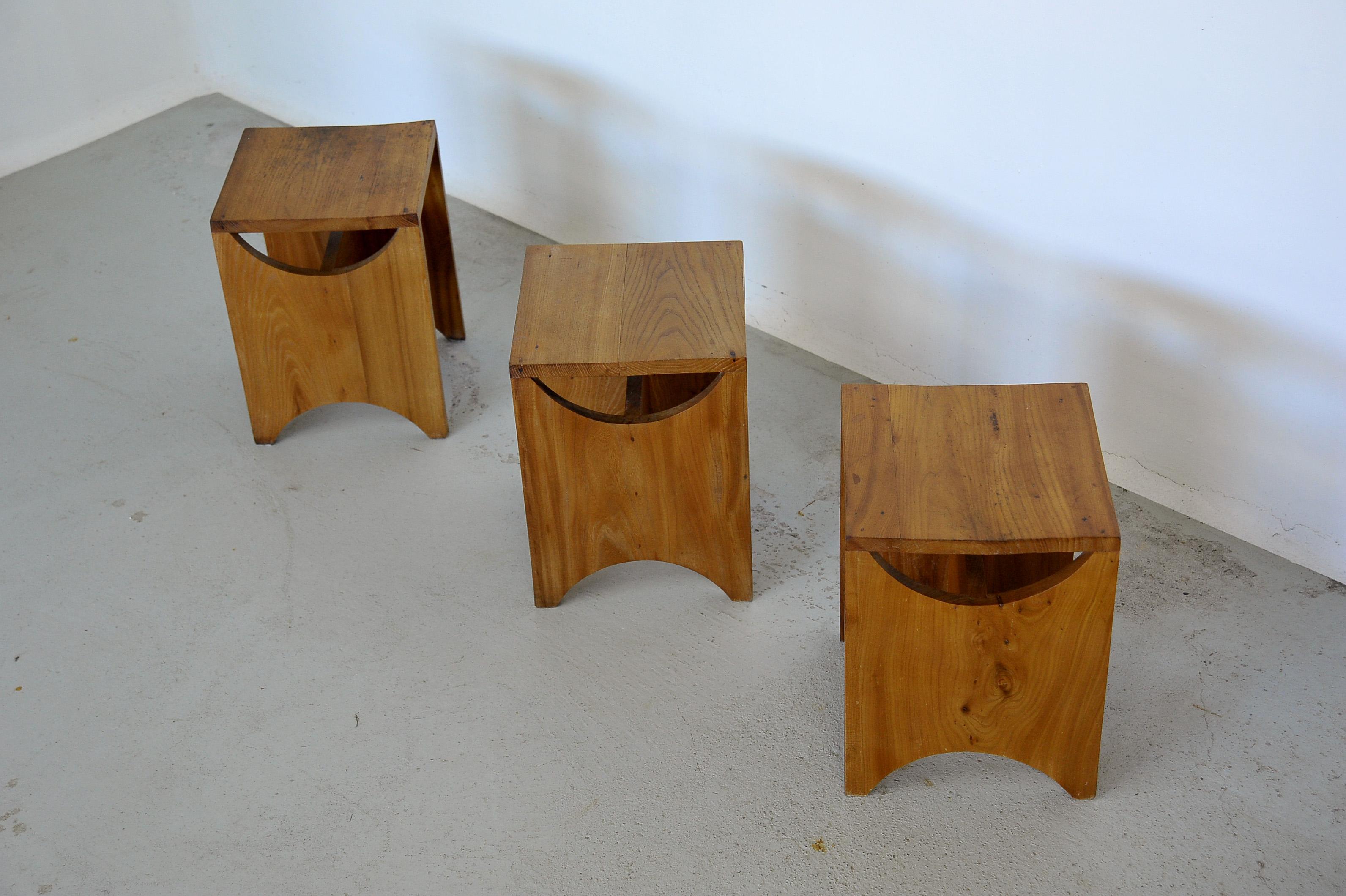 Studio Stool, Solid Elmwood, France 1970s, 3 Available 4