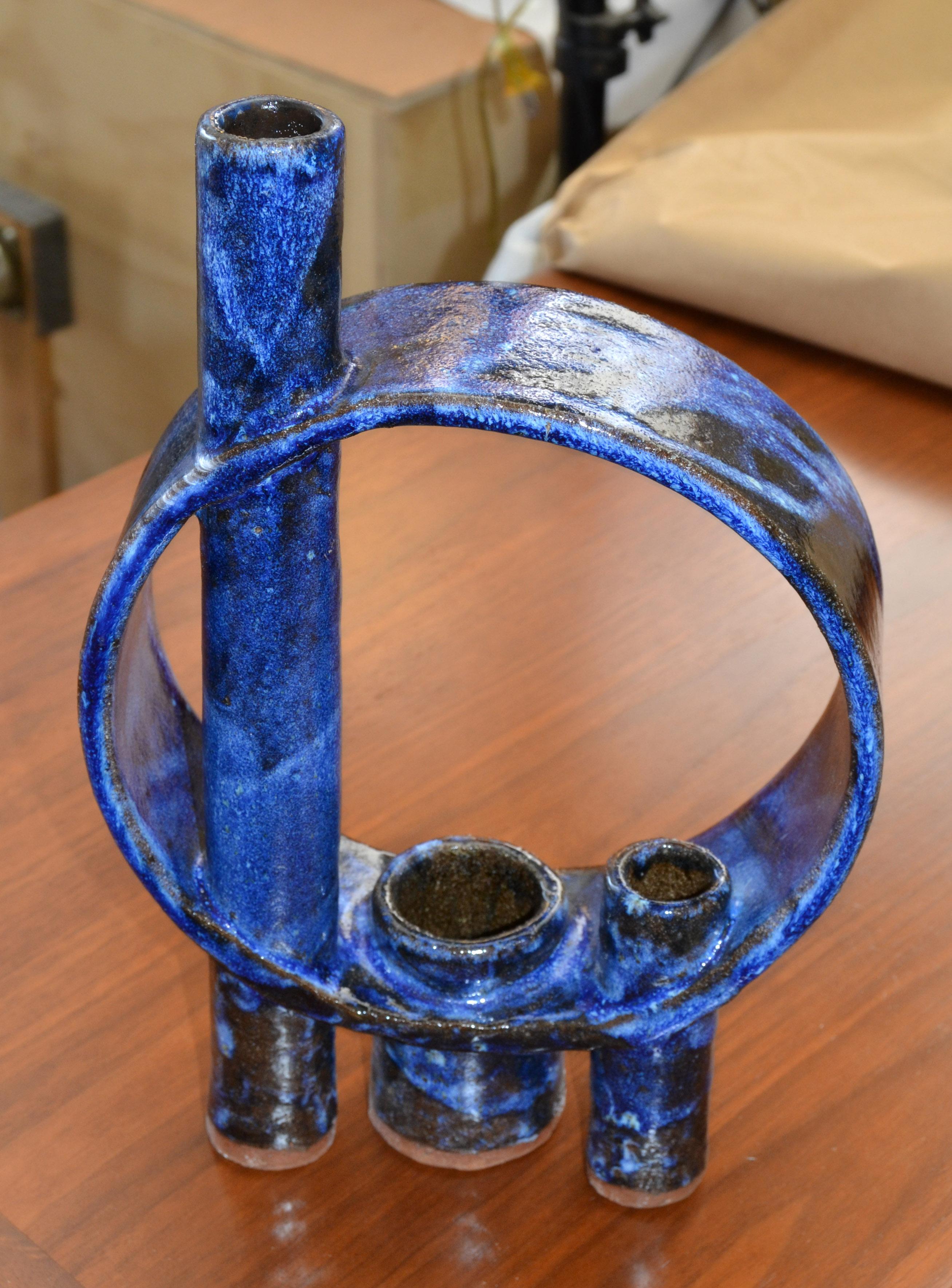 Glazed Studio Suggs American Ikebana Blue Black Ceramic Japanese Flower Arranging Vase For Sale