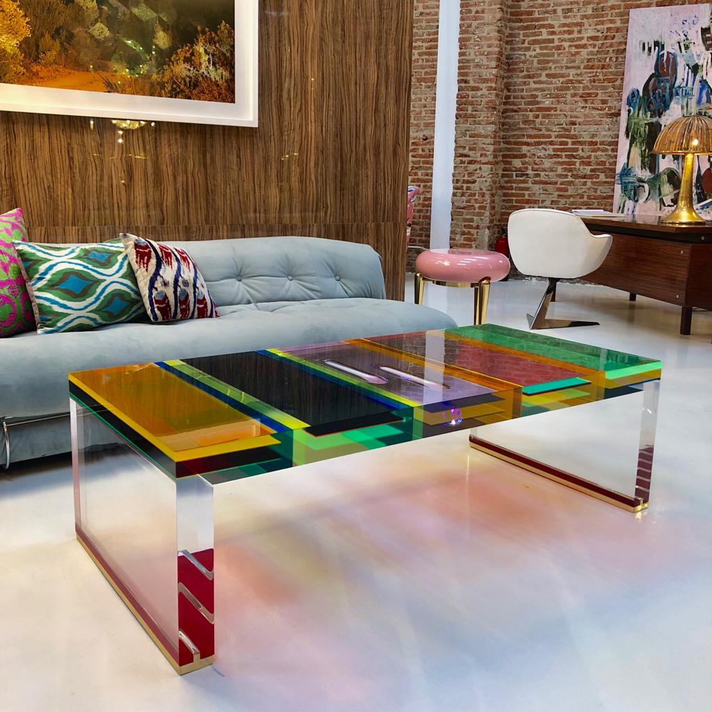 Studio Superego Modern Multicolor Plexiglass and Brass Feet Italian Coffee Table For Sale 5