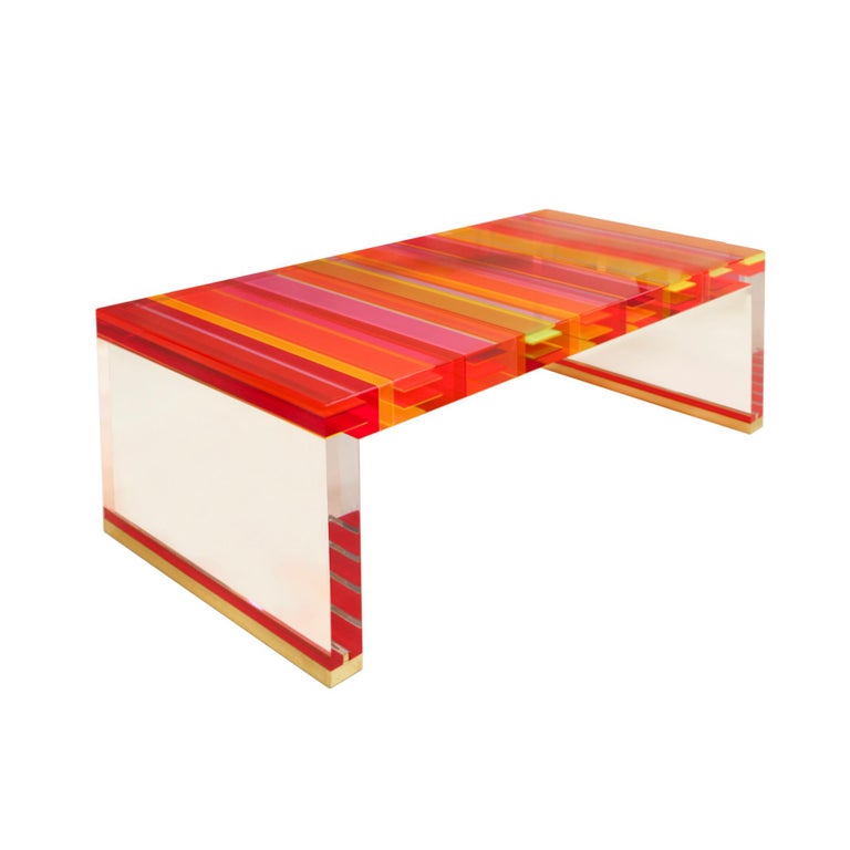 Studio Superego Modern Multicolor Plexiglass and Brass Feet Italian Coffee Table In Good Condition For Sale In Madrid, ES