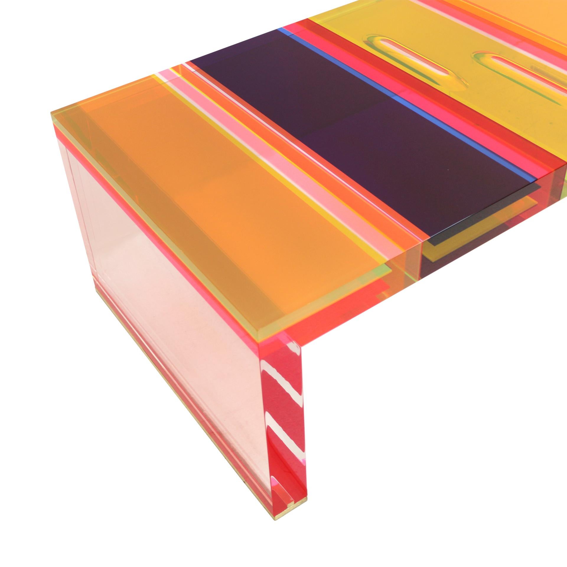 Contemporary Studio Superego Modern Multicolor Plexiglass and Brass Feet Italian Coffee Table