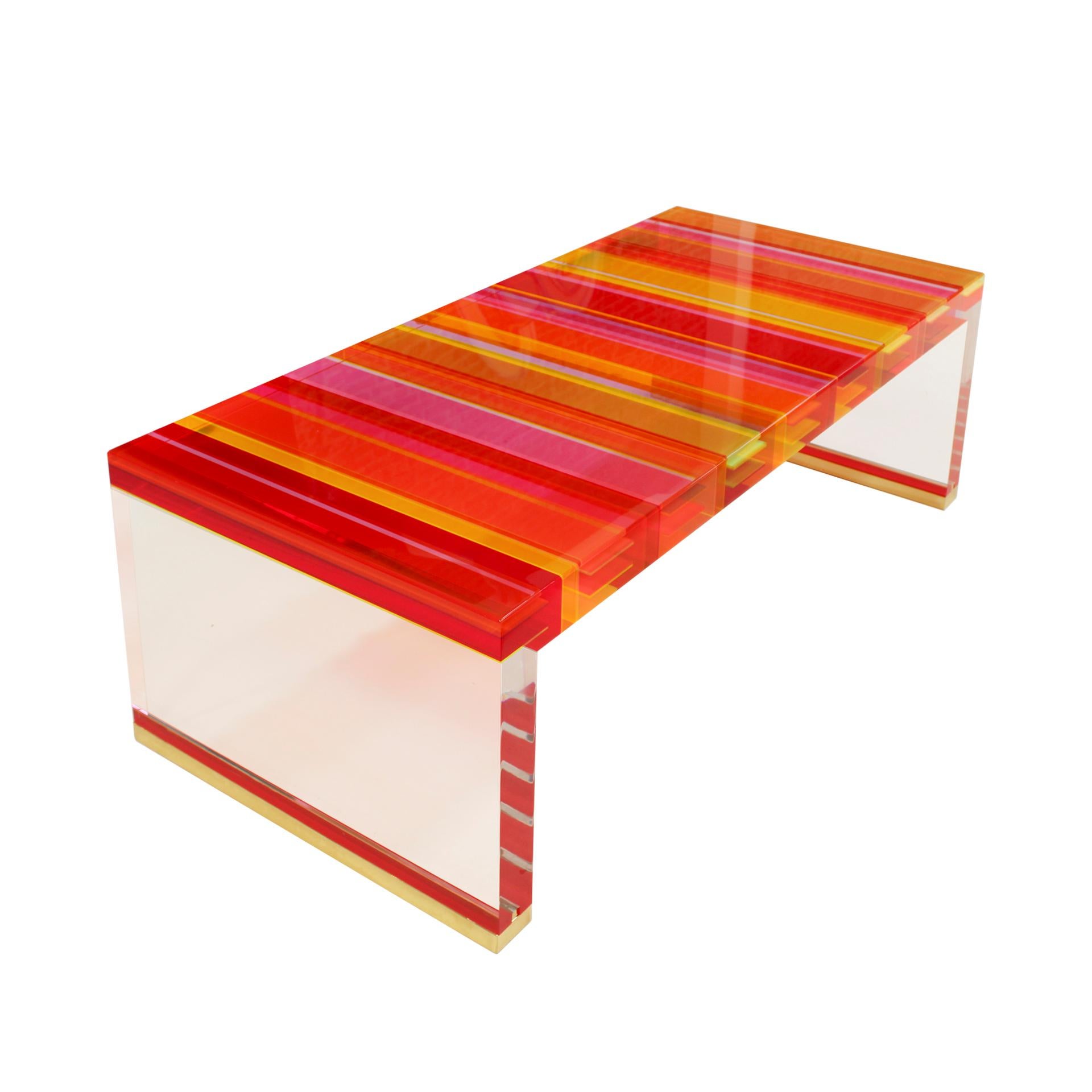 Contemporary Studio Superego Modern Multicolor Plexiglass and Brass Feet Italian Coffee Table For Sale