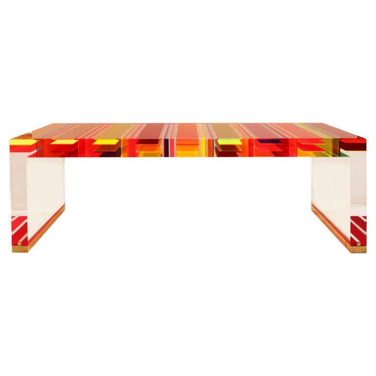 Studio Superego Modern Multicolor Plexiglass and Brass Feet Italian Coffee Table For Sale