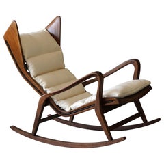 Studio Tecnico Cassina, Rocking Lounge Chair, Walnut, Fabric, Italy, 1950s