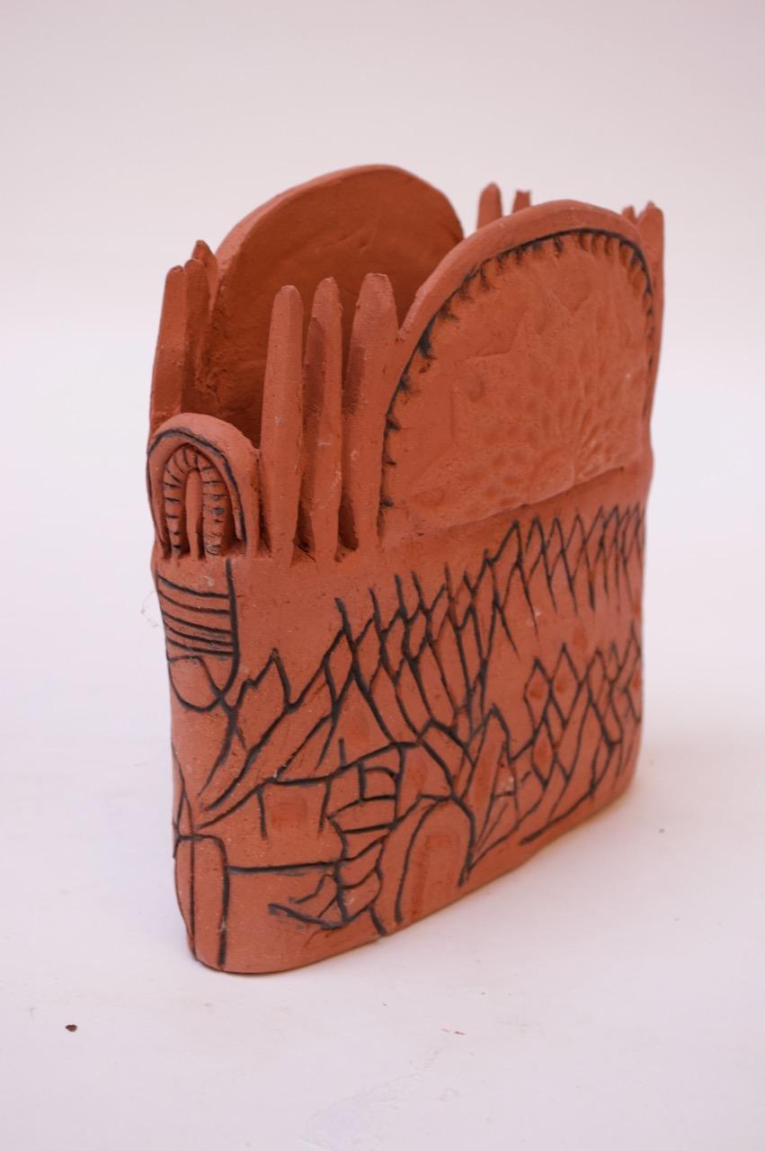 Mid-Century Modern Studio Terracotta Aztec Style Vase Signed For Sale