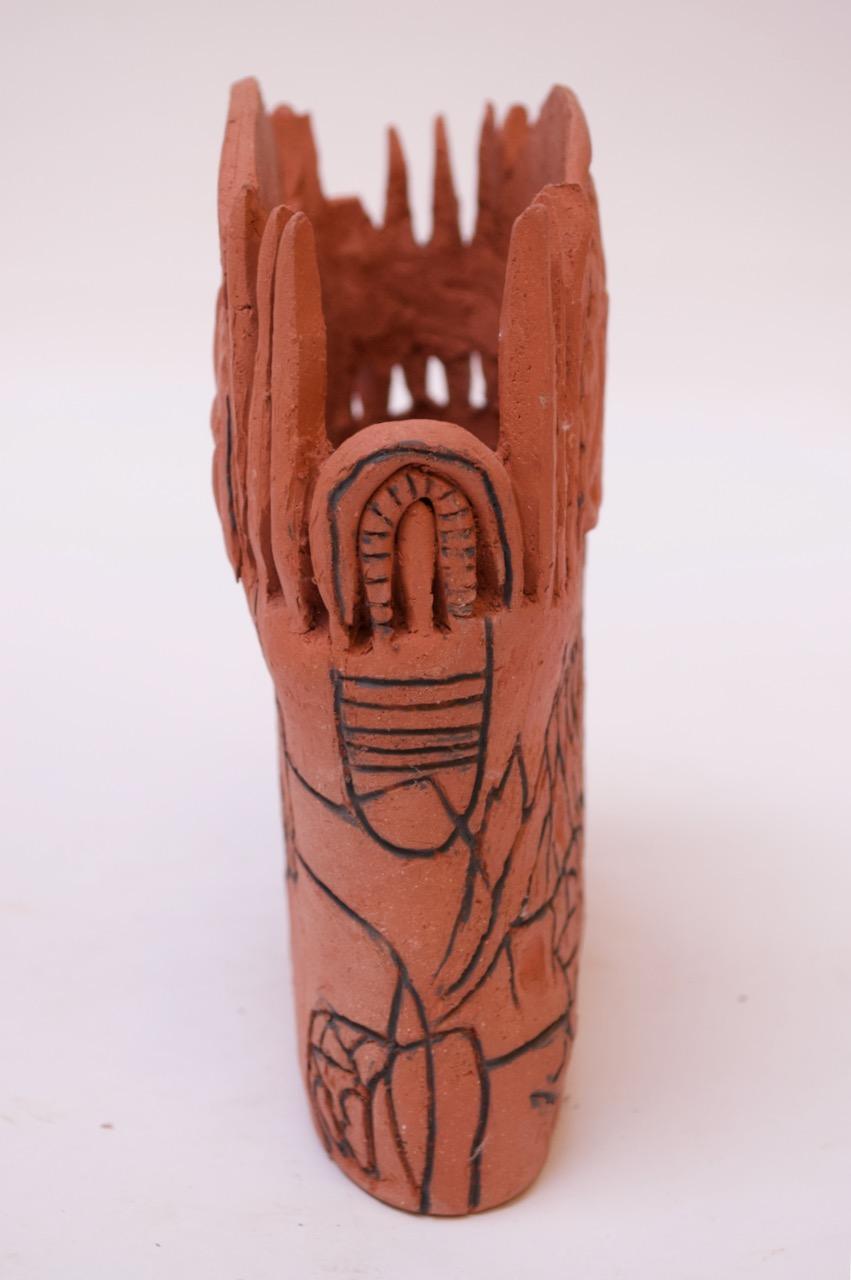 Studio Terracotta Aztec Style Vase Signed In Good Condition For Sale In Brooklyn, NY