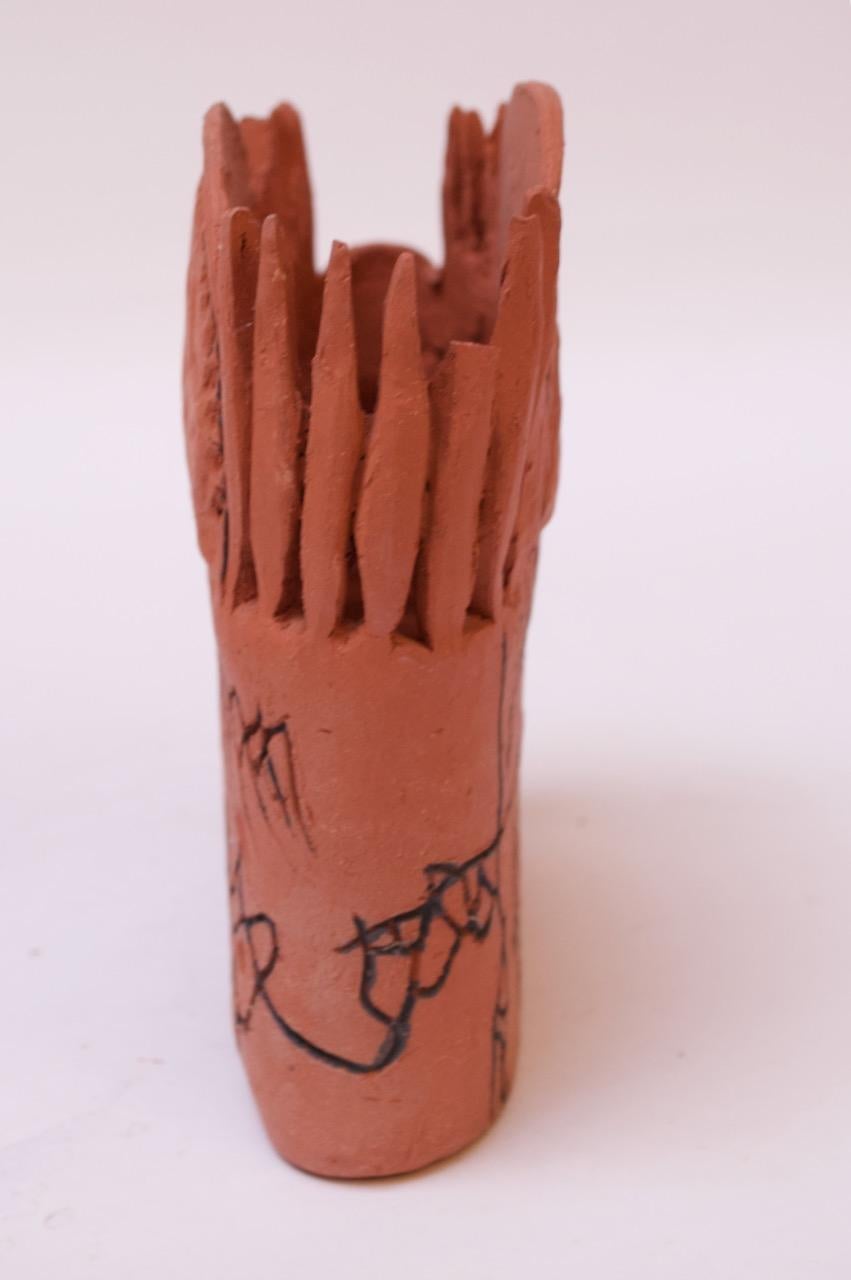 Late 20th Century Studio Terracotta Aztec Style Vase Signed For Sale