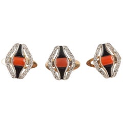 Studs, Diamond, Coral, Onyx in 18 Carat Gold, circa 1910