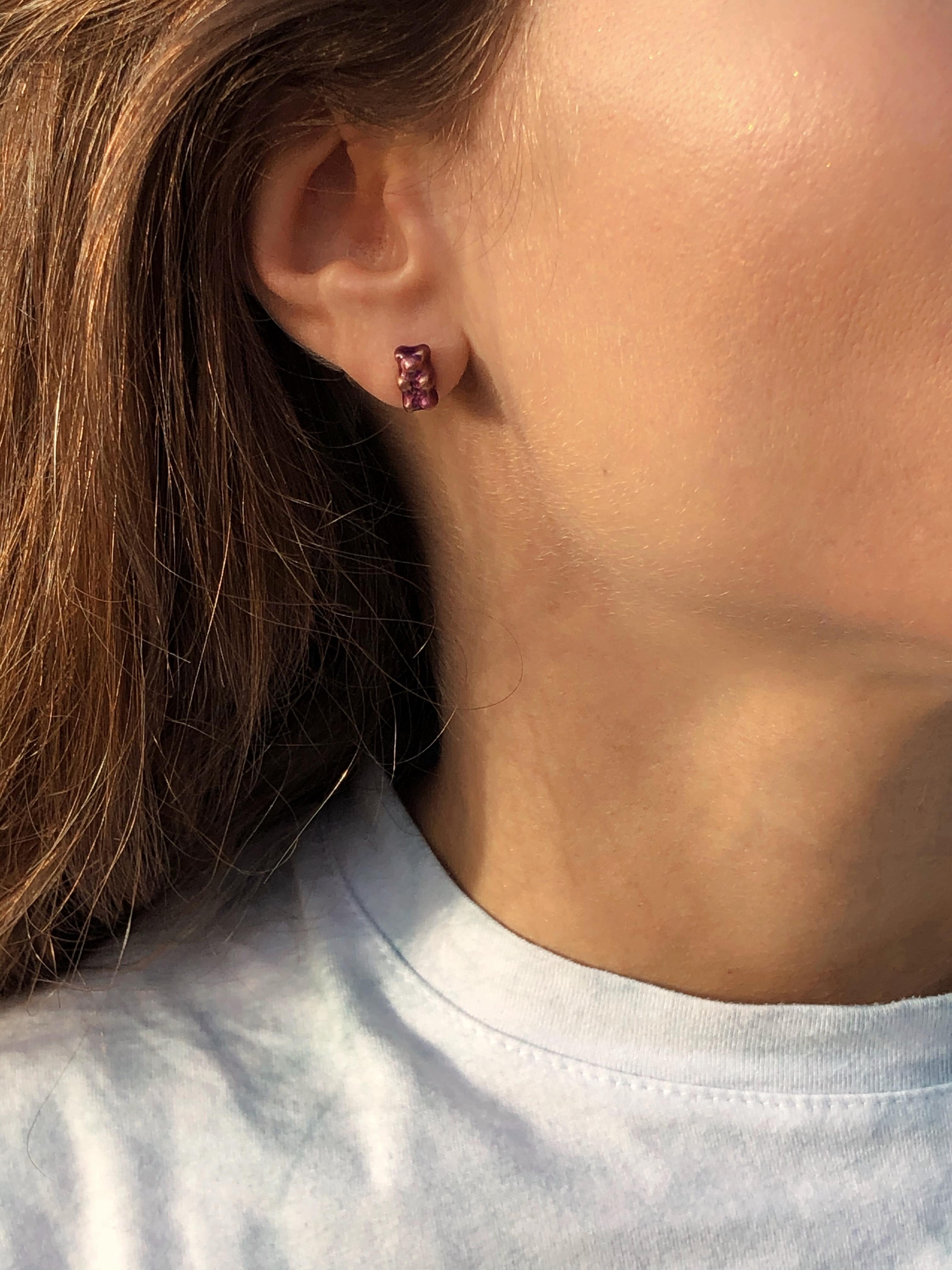 18K gold plated silver gummy bear stud earrings with transparent ombre plum enamel coverage. 

The Gummy Project by Maggoosh is a capsule collection inspired by the designer's life in New York City and her passion for breakdancing and other street