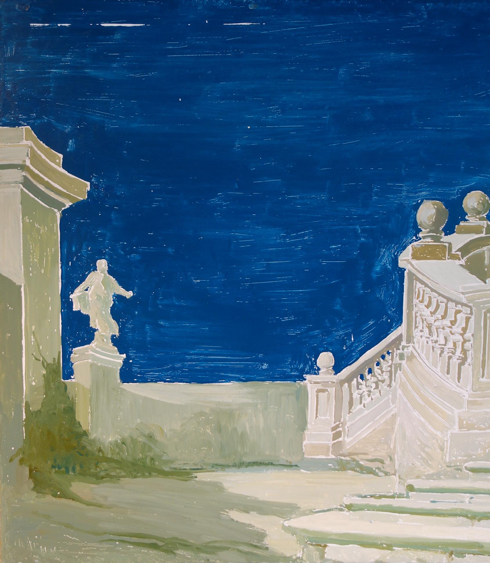 Une des six études vintage amusantes pour une cour de jardin classique italienne. Probablement une préparation scénographique. Un paysage vraiment agréable et de belles couleurs vives sur l'échelle bleue et blanche, vers 1960.