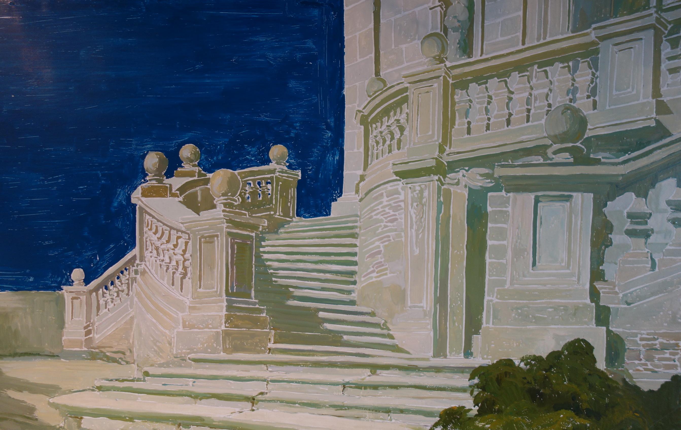 Neoclassical Revival Study for a Painting of a Classic Italian Garden Courtyard on Board For Sale