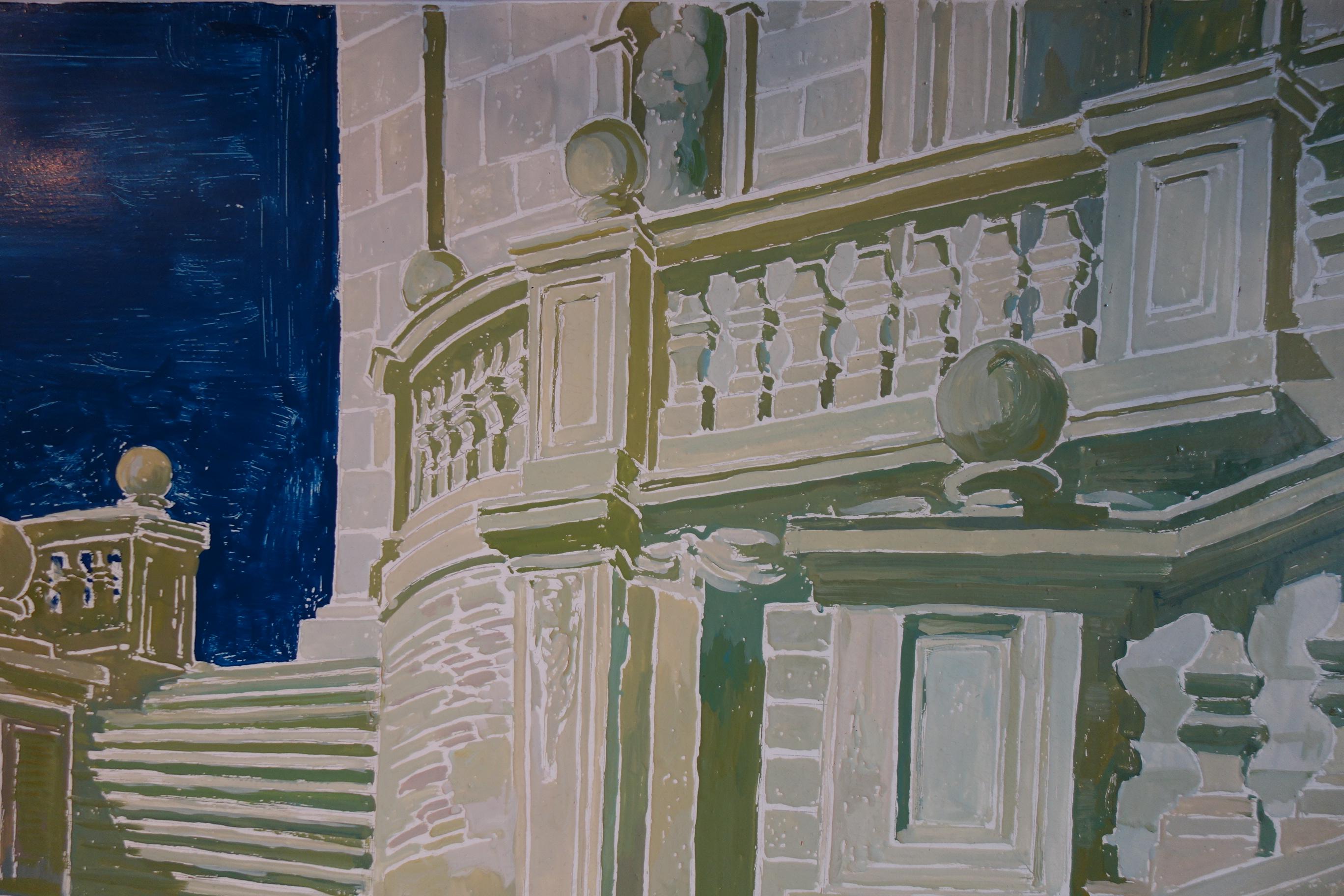 Hand-Painted Study for a Painting of a Classic Italian Garden Courtyard on Board For Sale