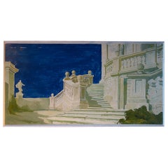 Vintage Study for a Painting of a Classic Italian Garden Courtyard on Board
