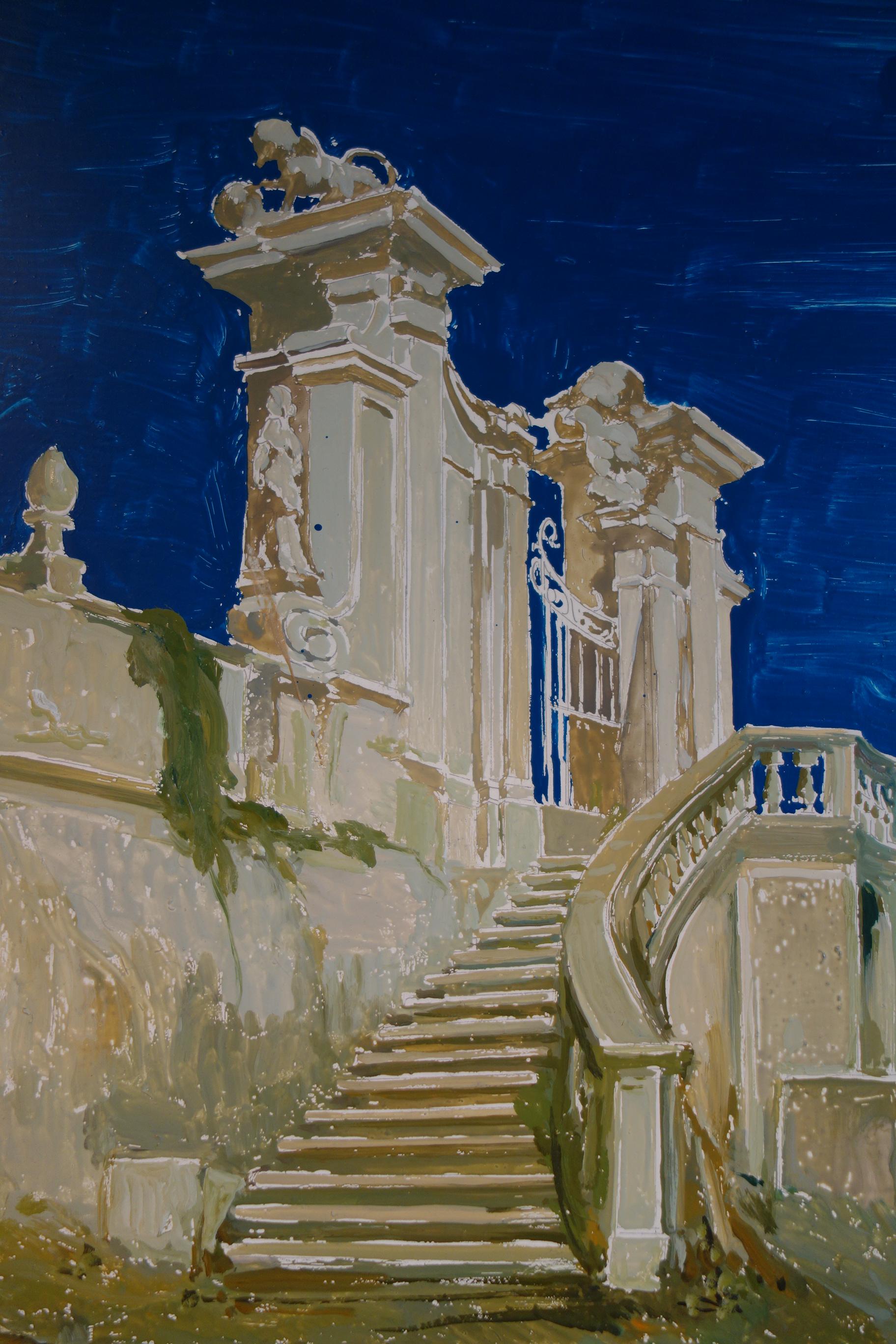 Hand-Painted Study for a Painting of a Classic Italian Garden Courtyard with Gate on Board For Sale