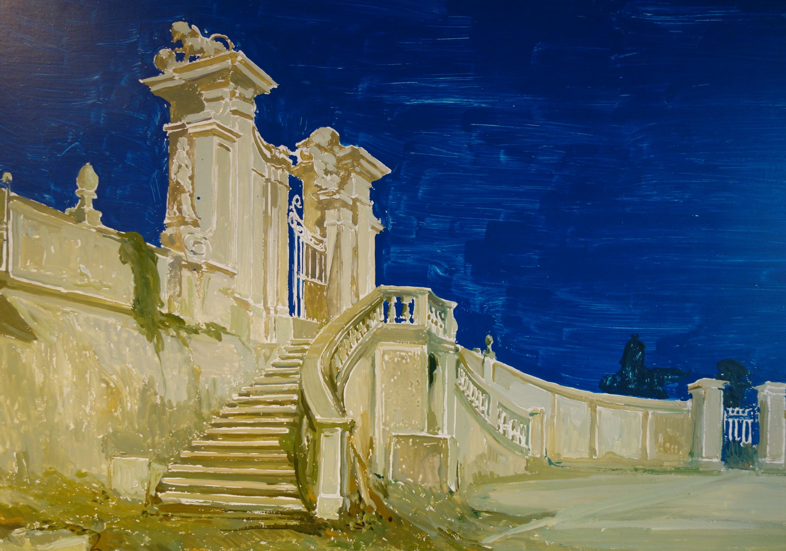 Study for a Painting of a Classic Italian Garden Courtyard with Gate on Board In Good Condition For Sale In Encinitas, CA