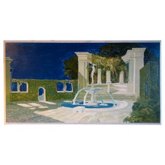 Vintage Study for a Painting of a Classic Italian Garden Fountain on Board