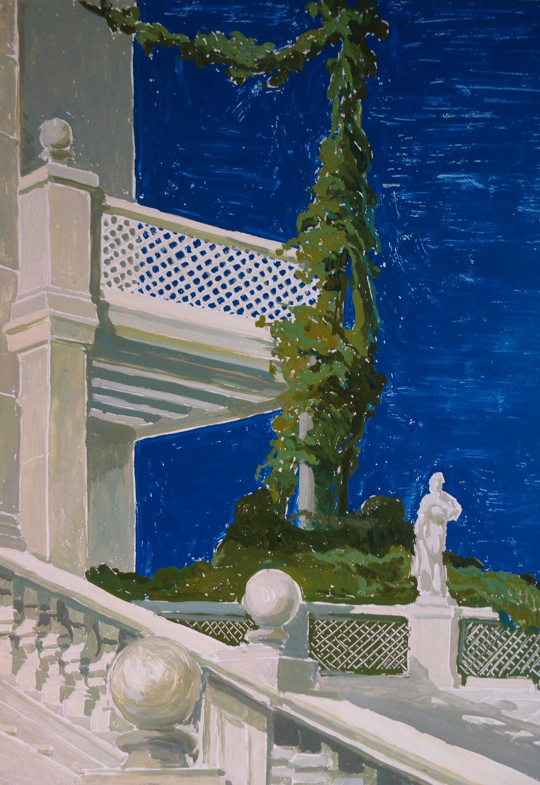 Hand-Painted Study for a Painting of a Classic Italian Garden with Staircase on Board For Sale