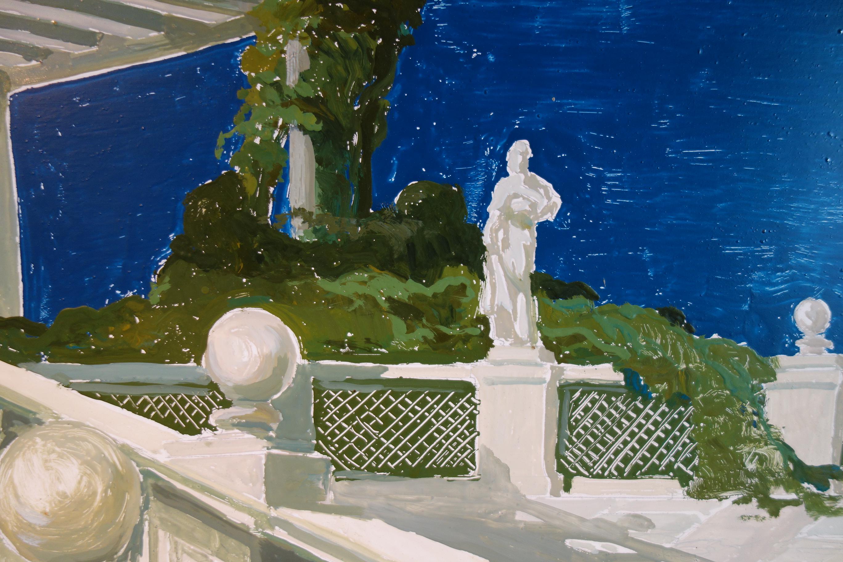 20th Century Study for a Painting of a Classic Italian Garden with Staircase on Board For Sale
