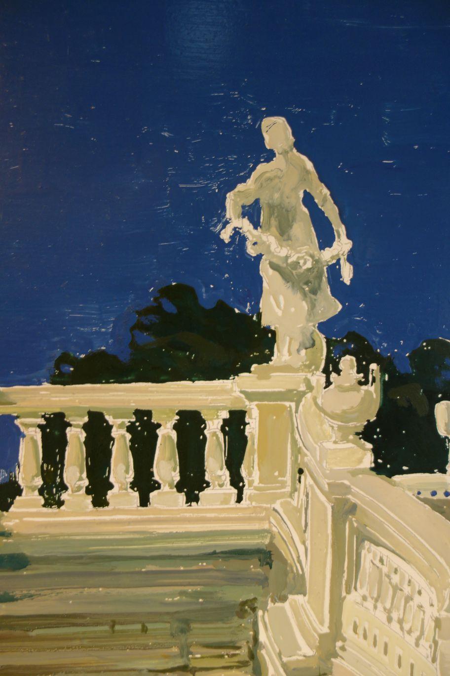 Acrylic Study for a Painting of a Classic Italian Garden Stairs on Board For Sale