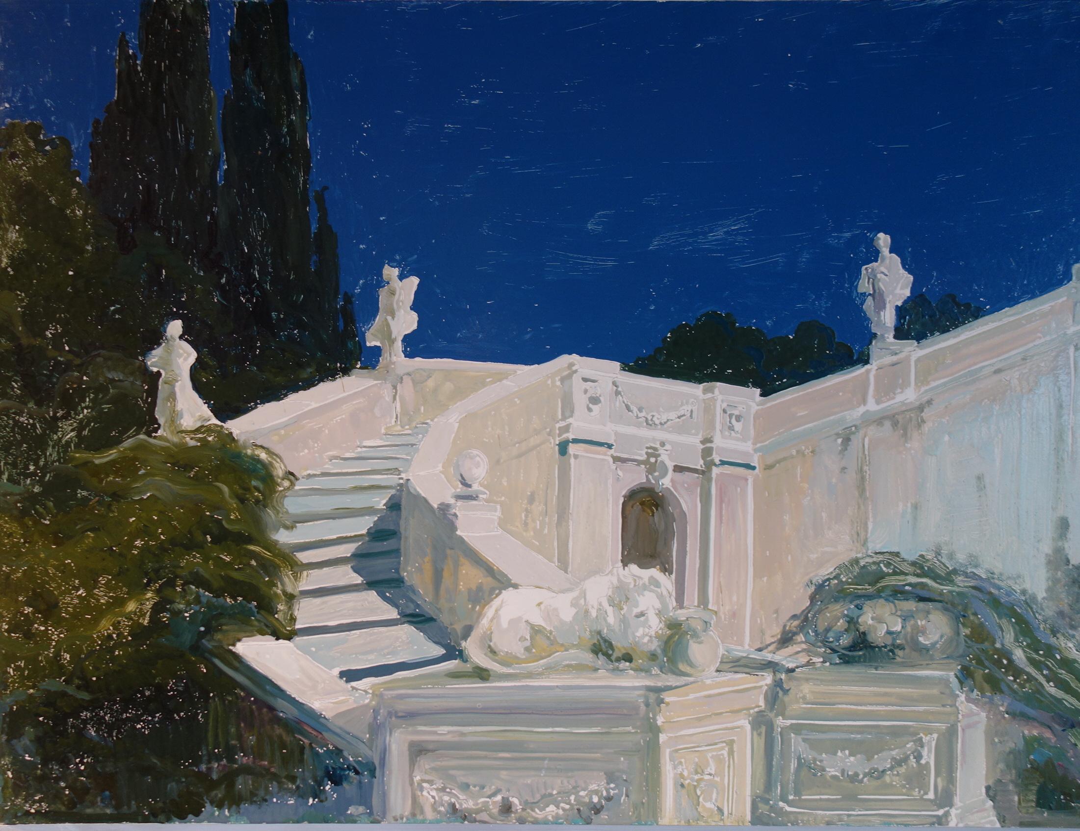 One of Six fun vintage study for an Italian Classic garden stairs with lions and fountain. Probably some scenography preparation. Really pleasant scenery and nice vivid color on the blue and white scale, circa 1960.