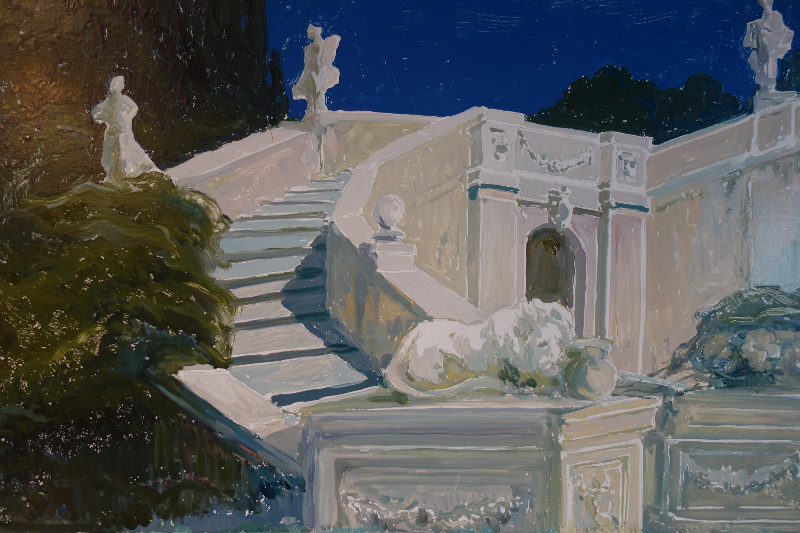 Hand-Painted Study for a Painting of a Classic Italian Garden Stairs with Lion on Board For Sale