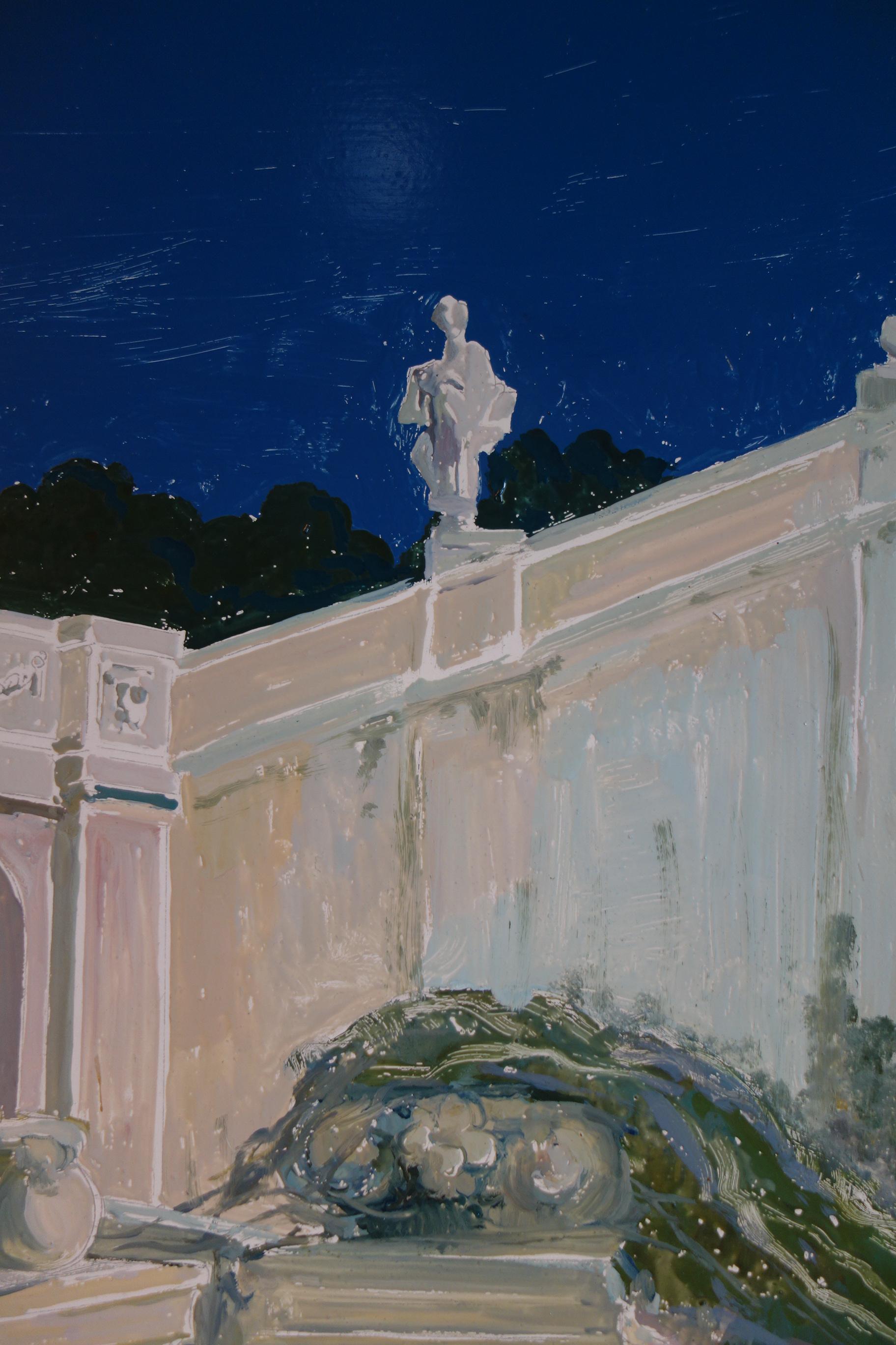 Study for a Painting of a Classic Italian Garden Stairs with Lion on Board In Good Condition For Sale In Encinitas, CA