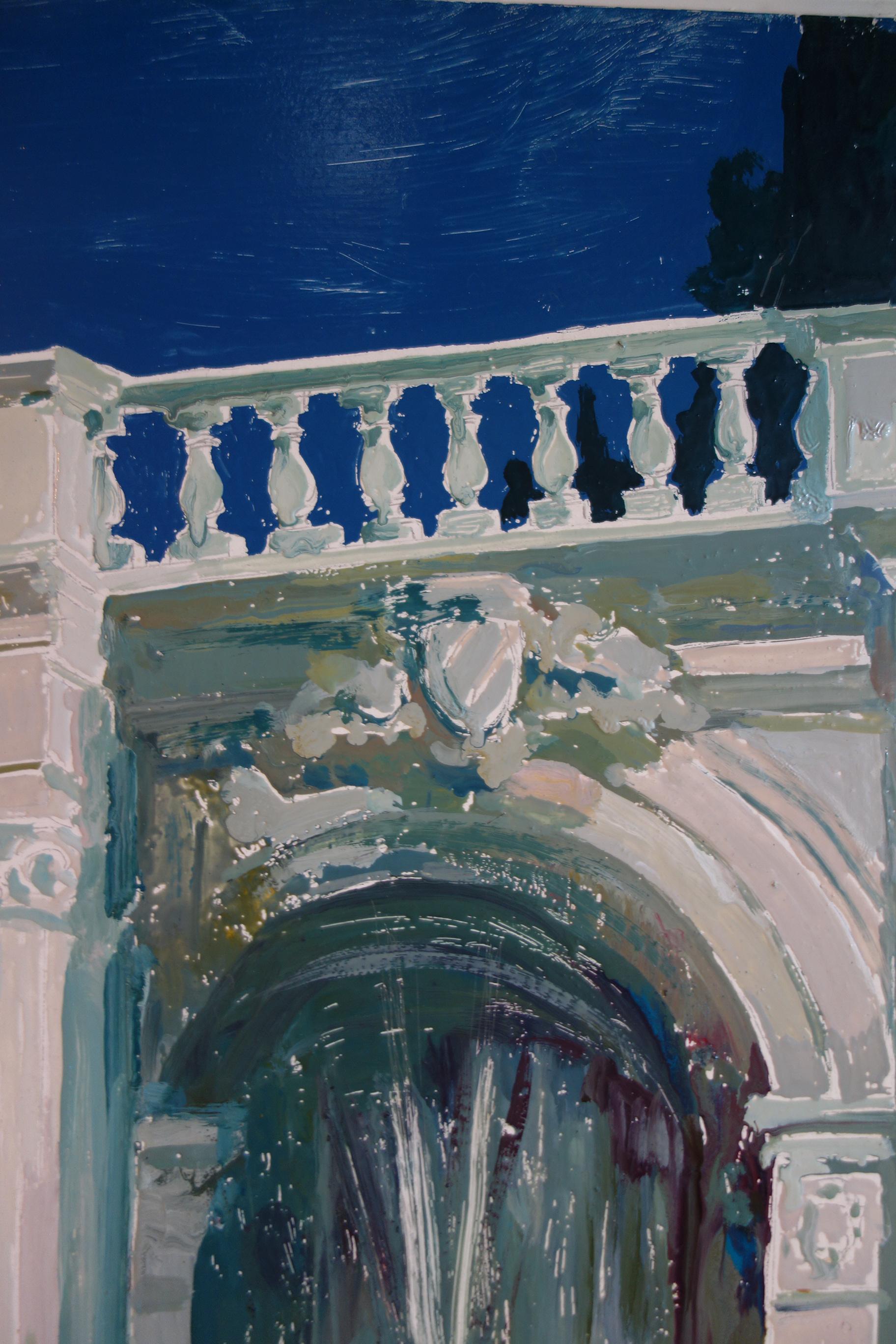 20th Century Study for a Painting of a Classic Italian Garden Stairs with Lion on Board For Sale