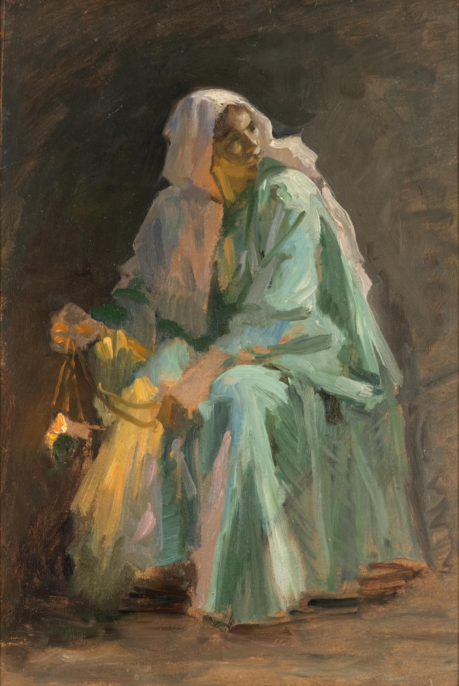 Frans Schwartz (Danish, 1850-1917)
Study for the Wise and Foolish Virgins (circa 1885)
Oil on Board, 20 x 13 1/2 in

In a preliminary study for The Wise and Foolish Virgins, Schwartz depicts a seated woman, face turned to left, glancing above