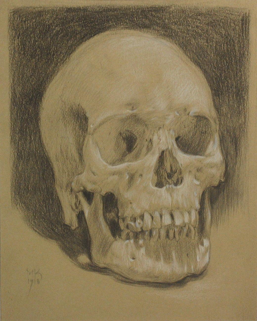 Hand-Painted Study of a Human Skull Drawing Dated 1918 For Sale