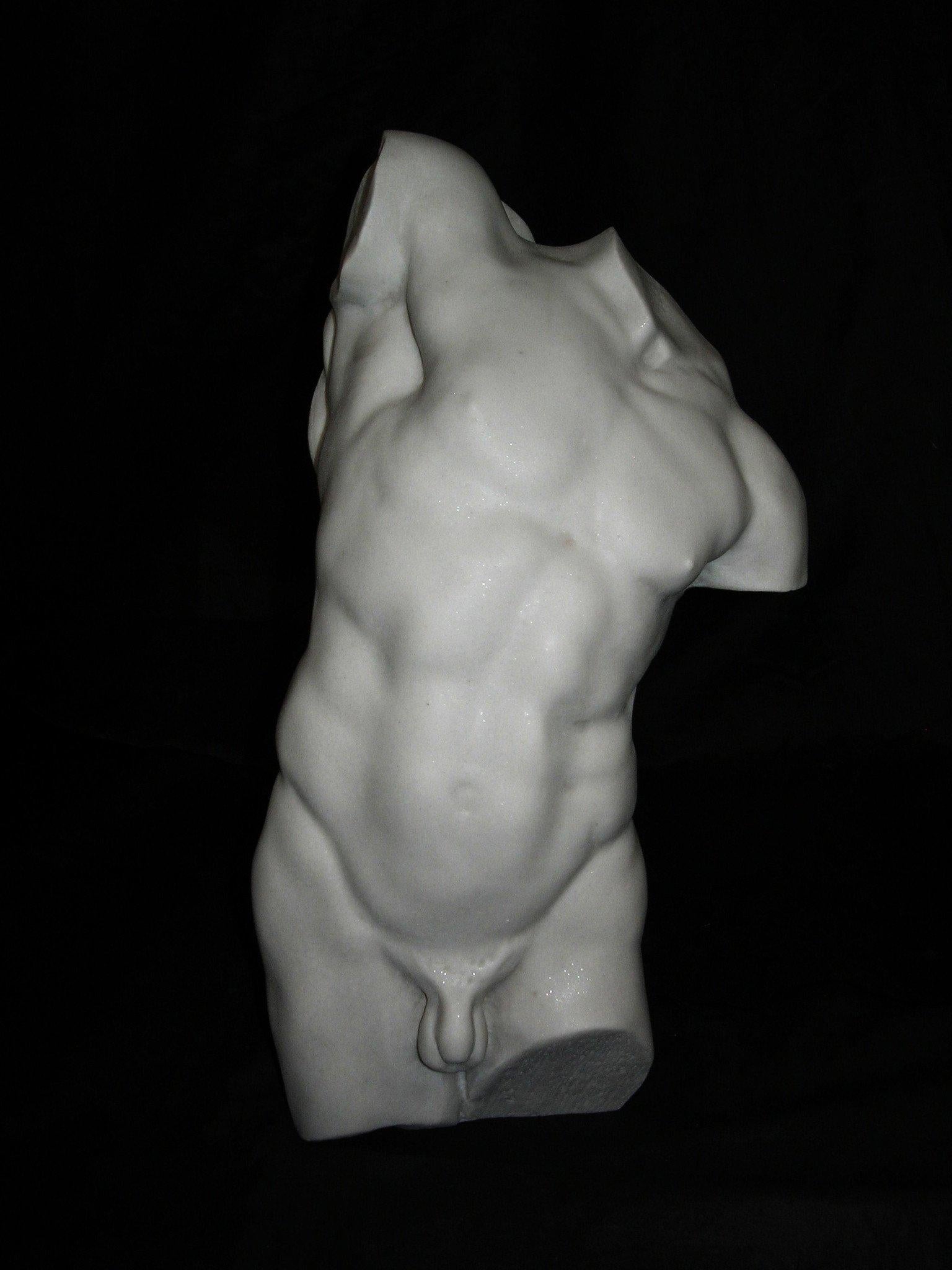 A superb study of a male torso marble bust sculpture, 20th century. 
A study of a male torso, after the Aime-Jules Dalou statue, French, 1889.