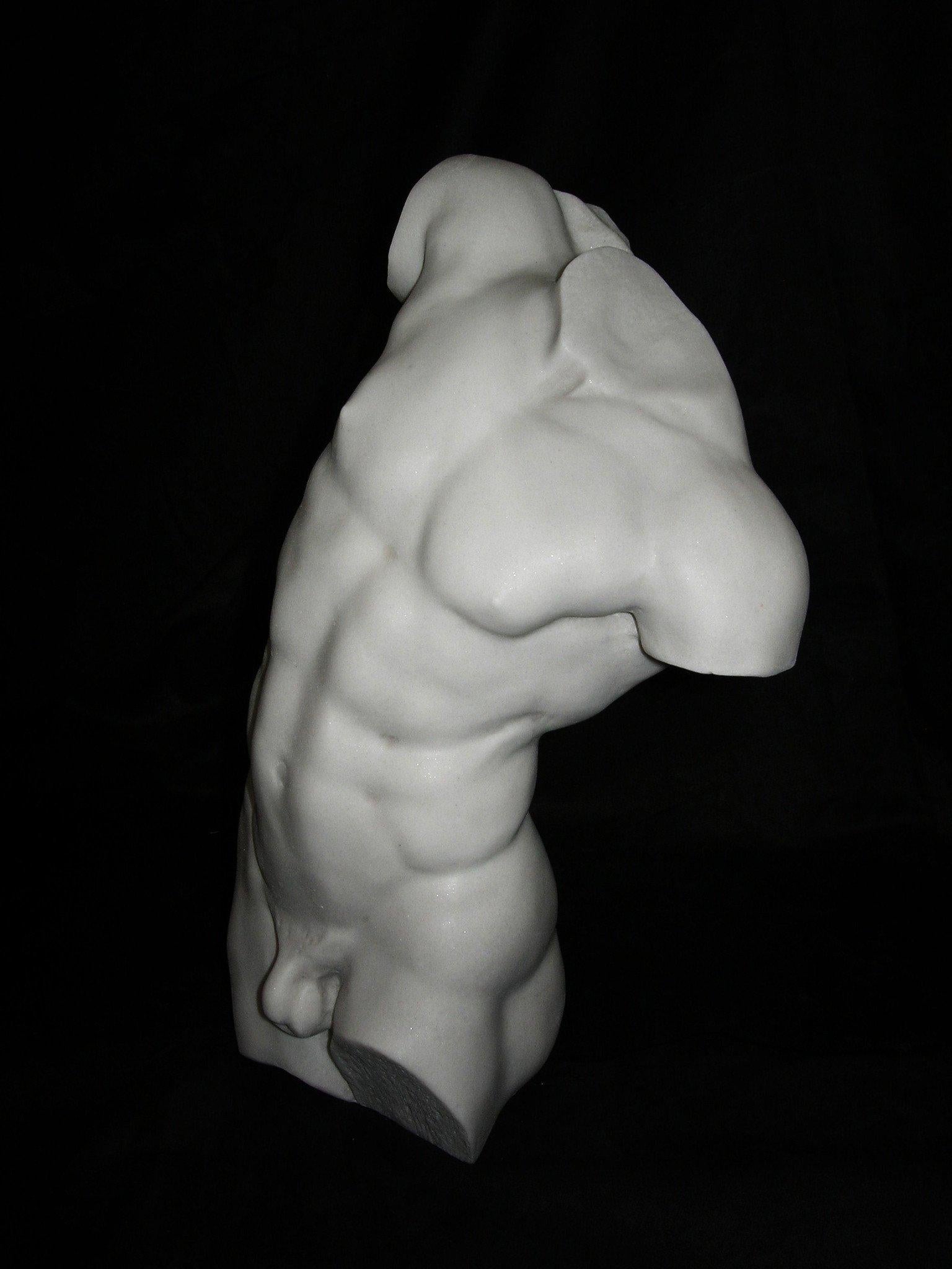 British Study of a Male Torso Marble Bust Sculpture, 20th Century