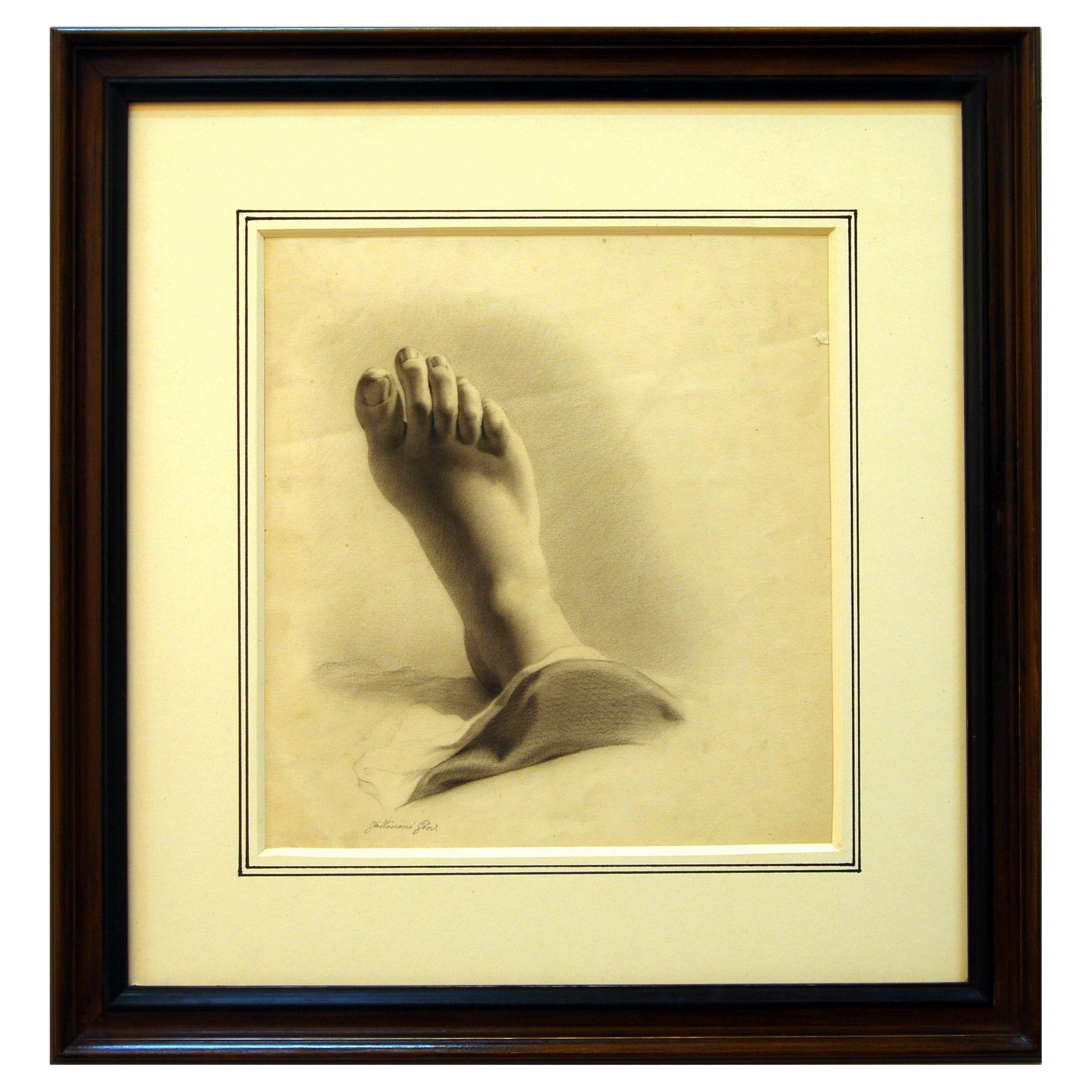 Study of a Right Foot, Pencil Drawing Signed Gallinoni