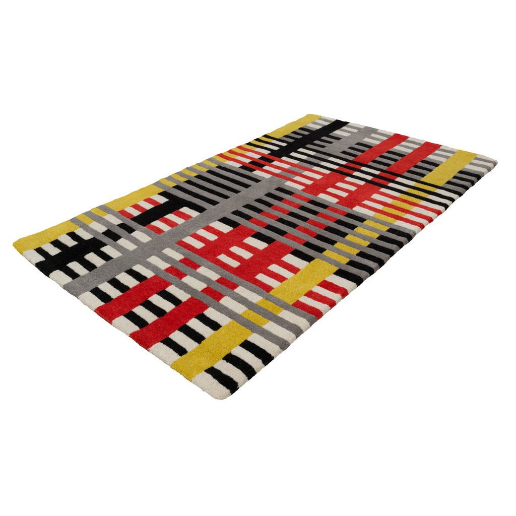 This hand-tufted wool rug by Anni Albers is based on the 1926 cotton and silk original, now part of the Museum of Modern Art's permanent collection. This timeless design is limited to 150 examples, and features rich colors like mustard, tomato and