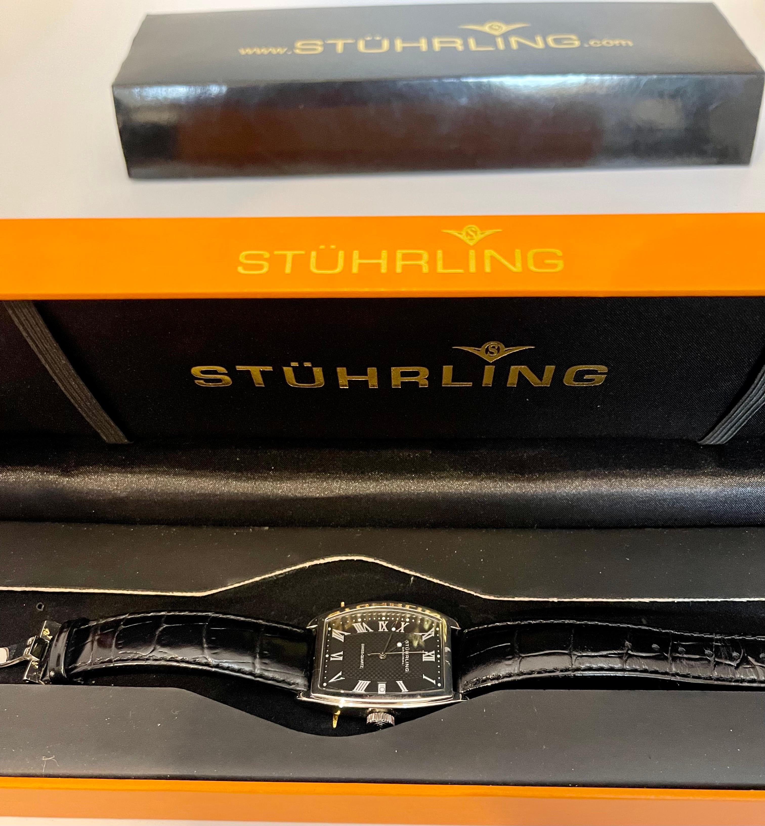 Stuhrling, montre neuve avec boîte papier et ceinture en cuir en vente 5