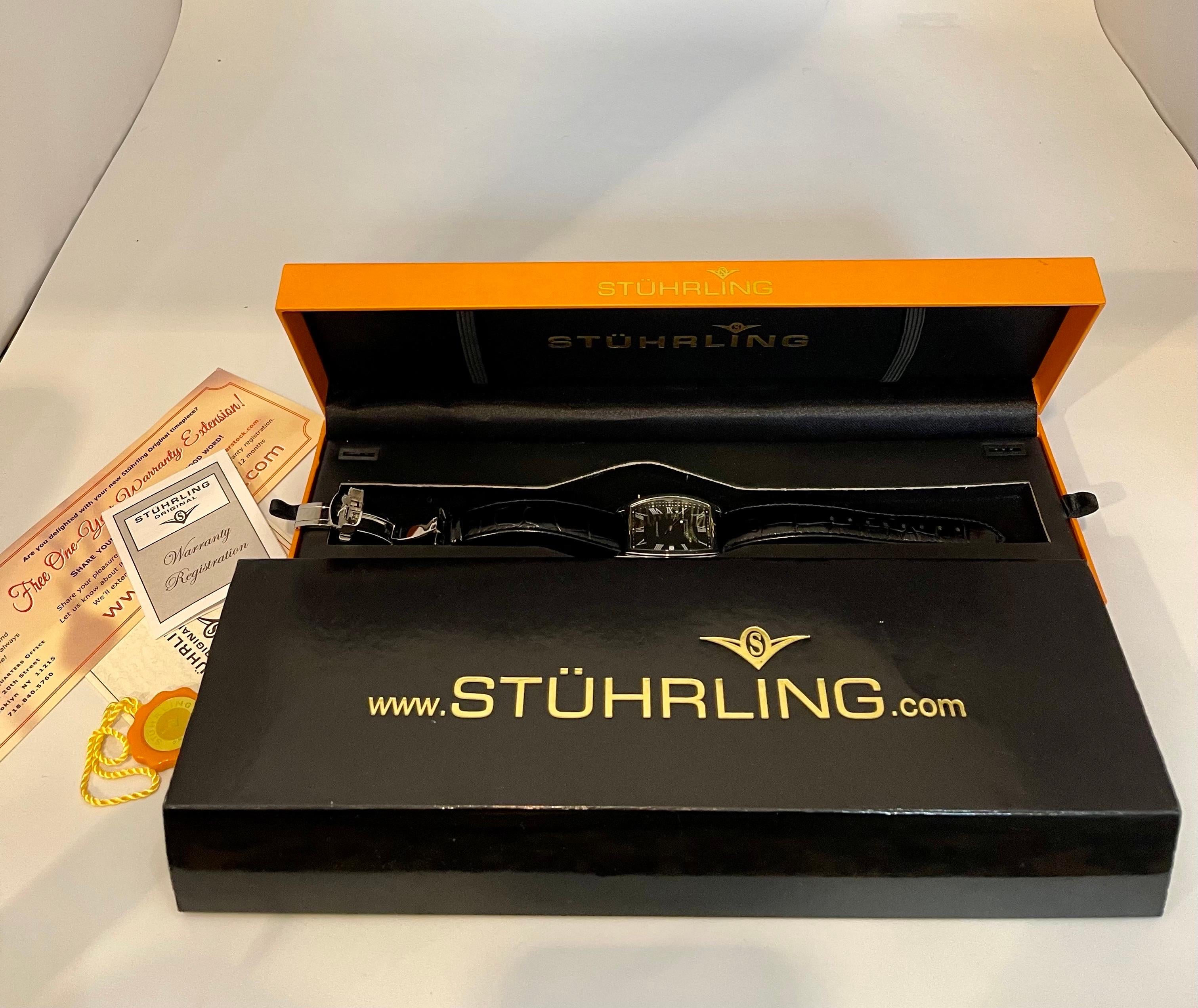 Stuhrling, montre neuve avec boîte papier et ceinture en cuir en vente 6