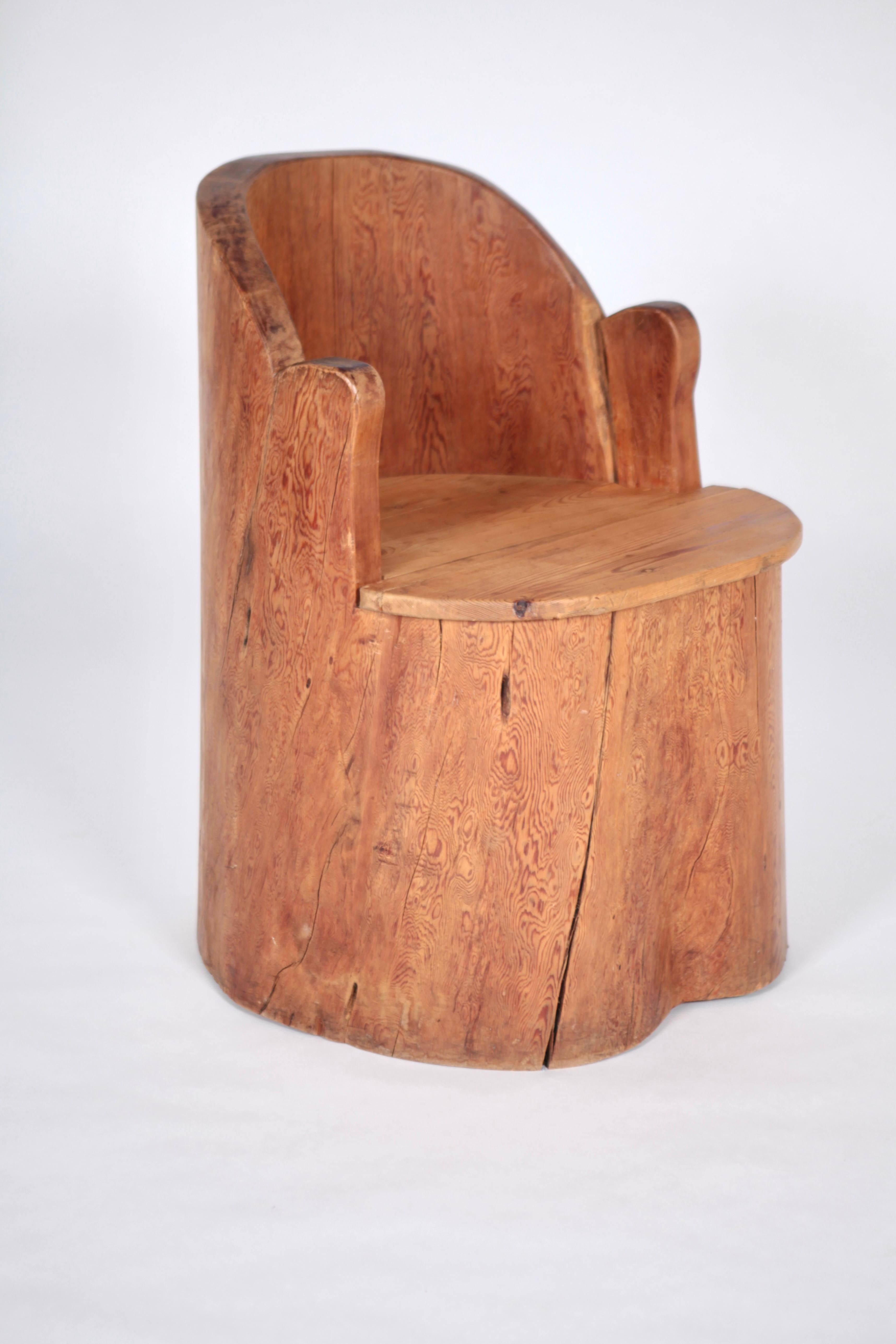 Unique stump chair in pine. Executed in Mora, Sweden, in the 1930s.
 