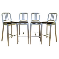 Stuning Emeco Navy Collection Brushed Aluminum High Stools Brown Leather Seat