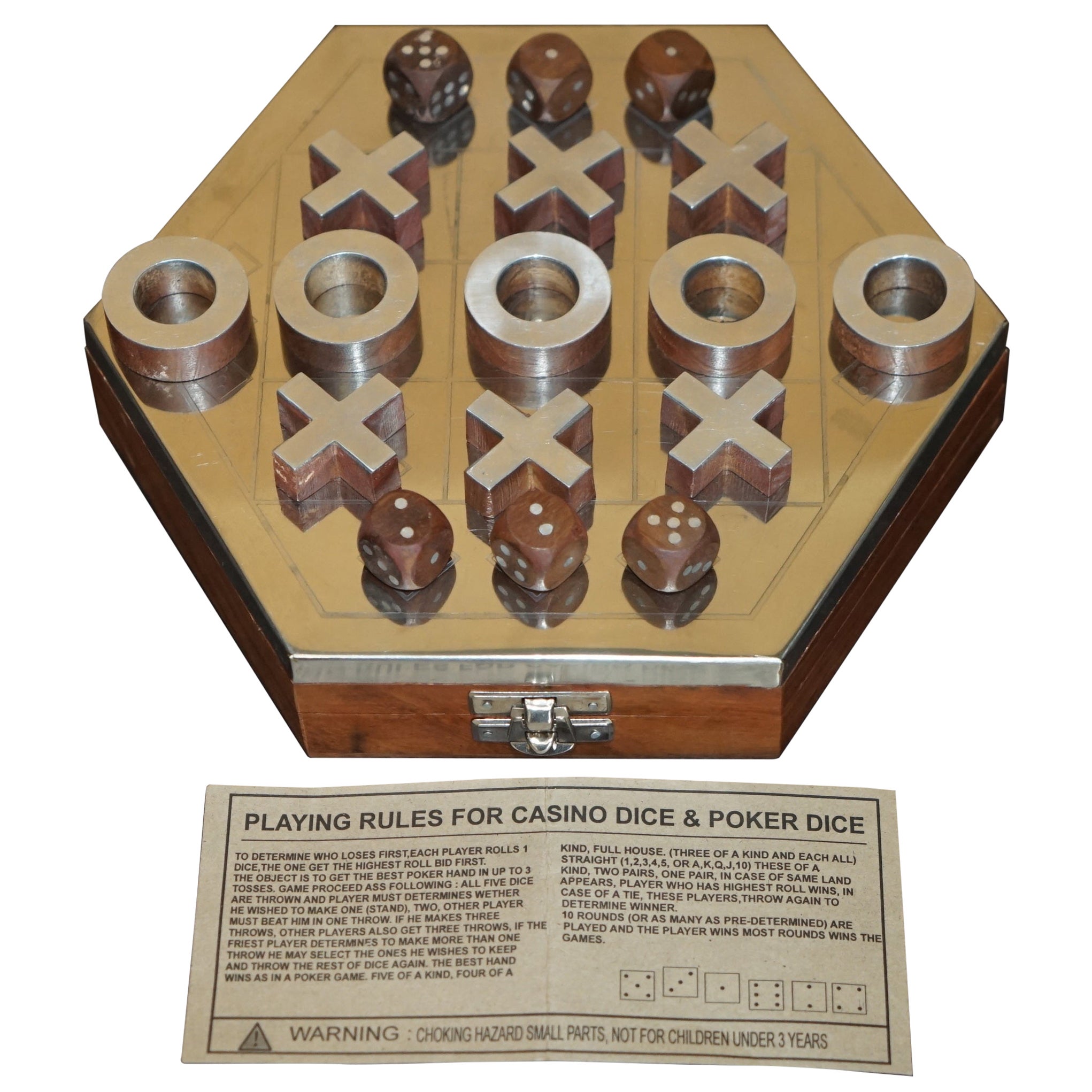 STUNNIiNG VINTAGE CHROME TOPPED NOUGHTS & CROSSES & POKER DICE GAME TIC TAC TOE