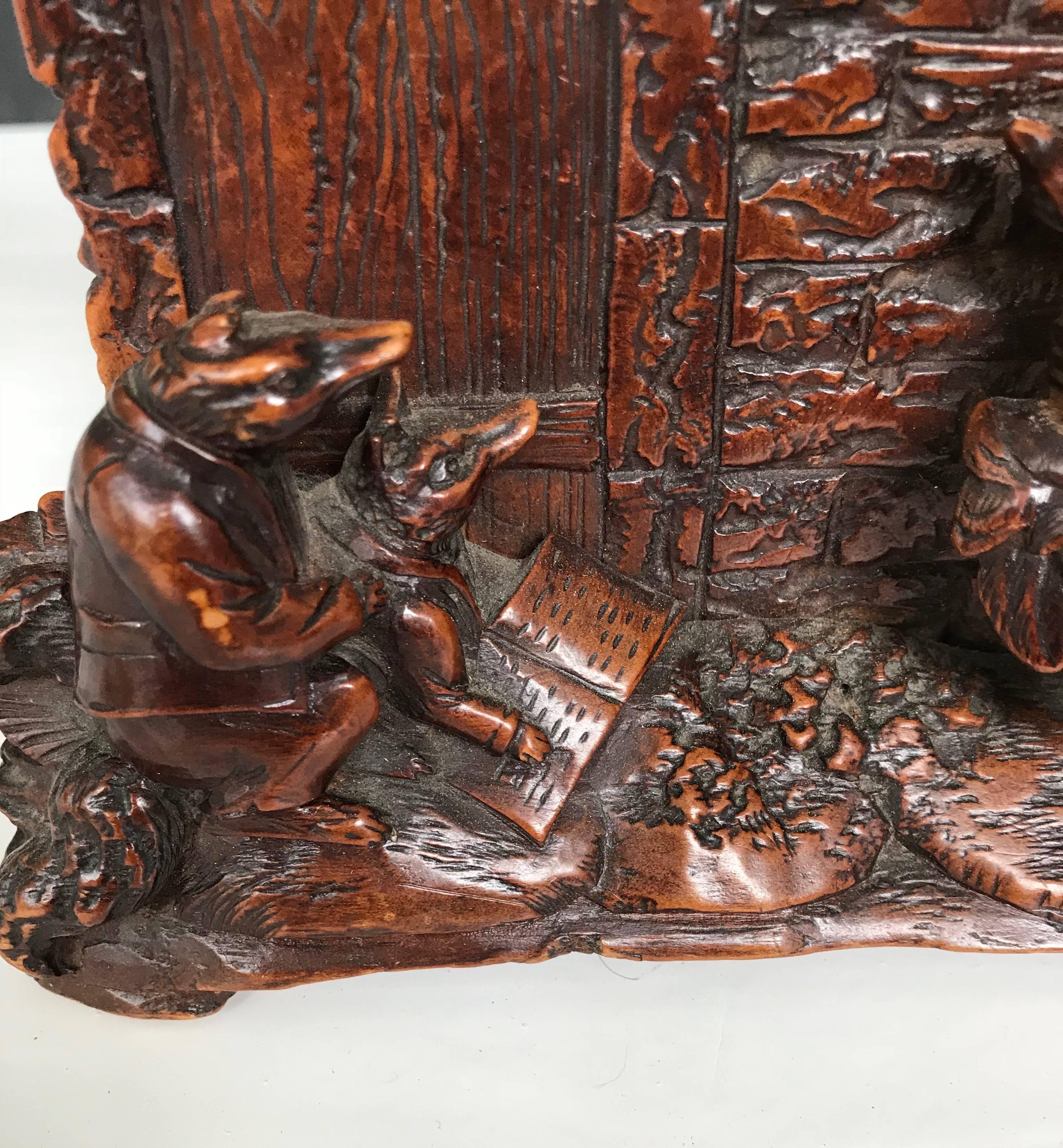 Stunning & Antique Black Forest Box, Carved Cottage w. Figural Fox Family Group 3