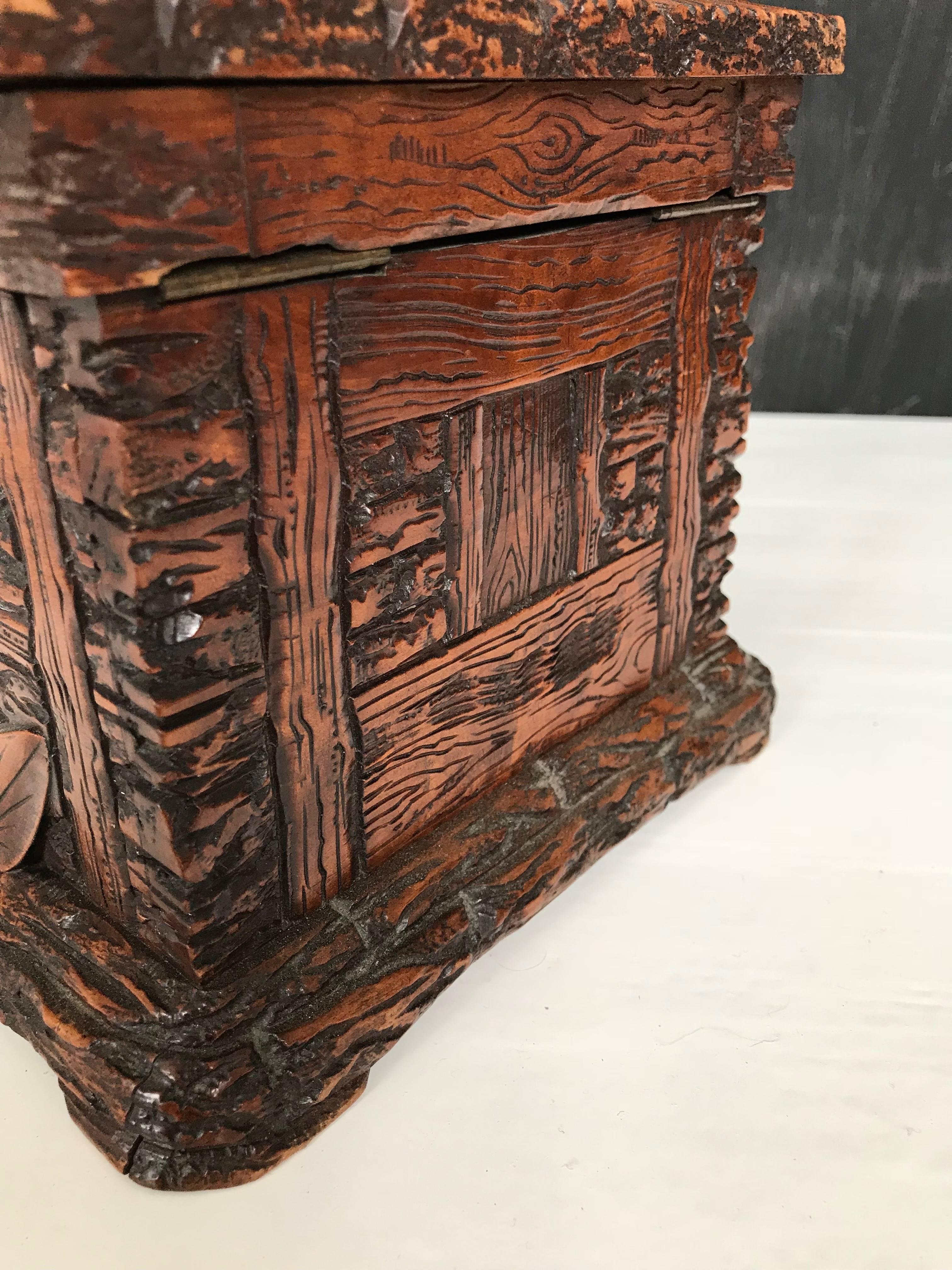 Stunning & Antique Black Forest Box, Carved Cottage w. Figural Fox Family Group 7