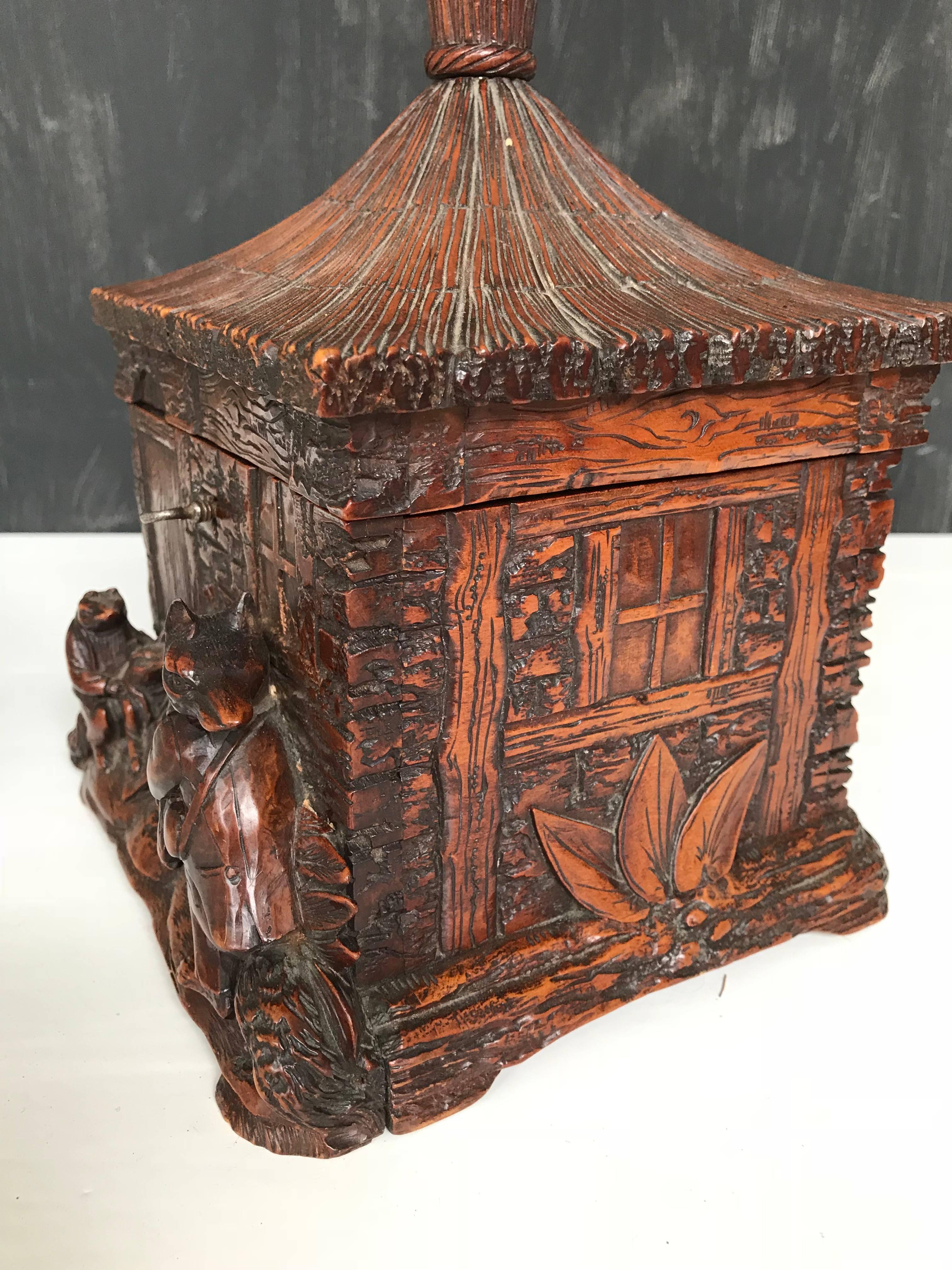 Stunning & Antique Black Forest Box, Carved Cottage w. Figural Fox Family Group 8