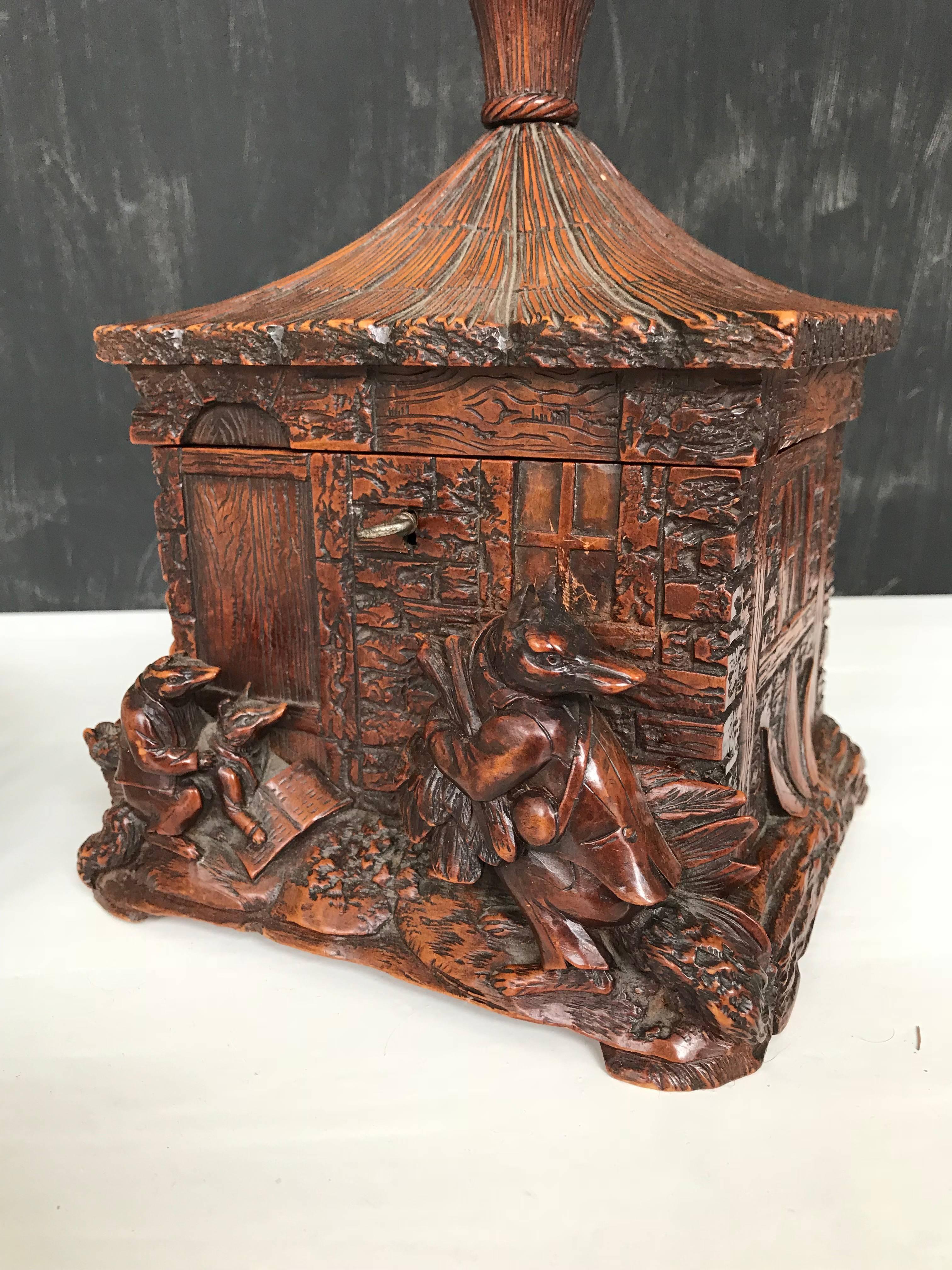 Stunning & Antique Black Forest Box, Carved Cottage w. Figural Fox Family Group 9