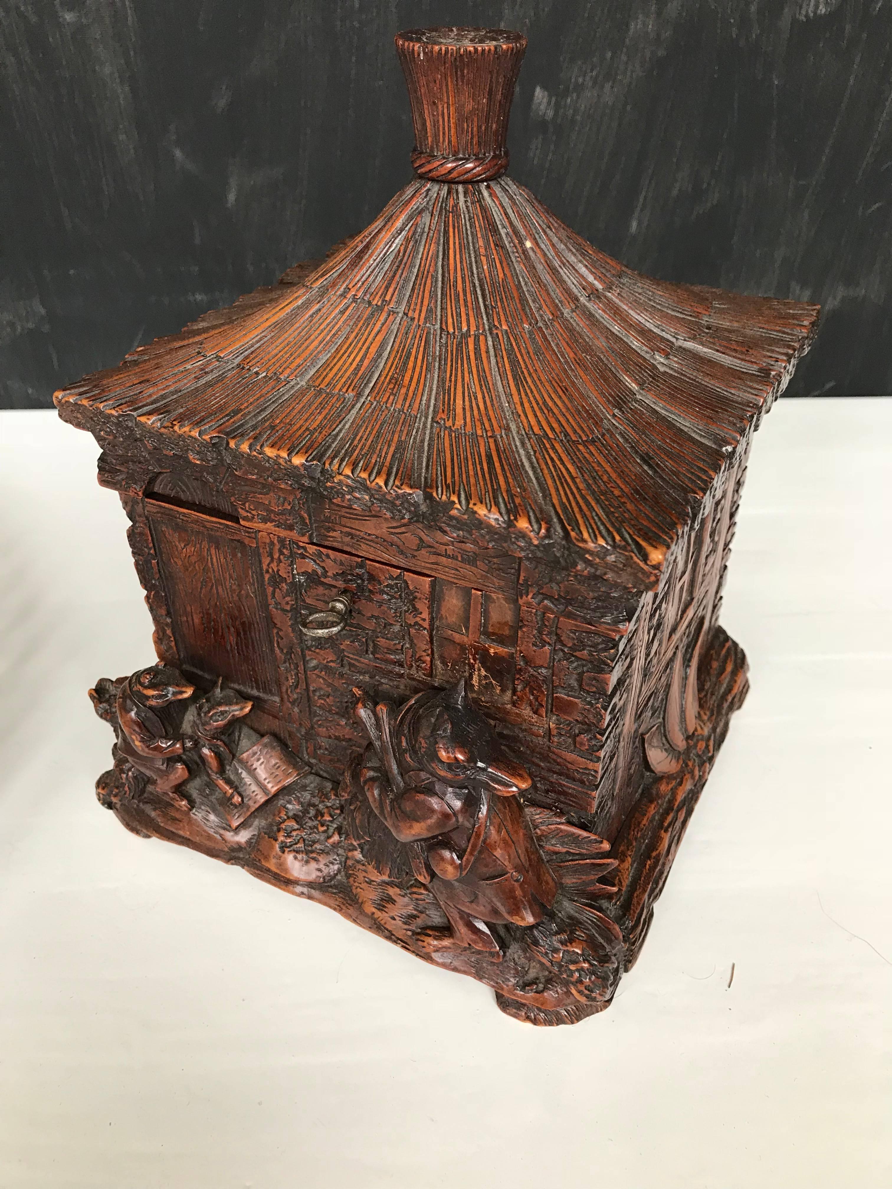 Stunning & Antique Black Forest Box, Carved Cottage w. Figural Fox Family Group 10