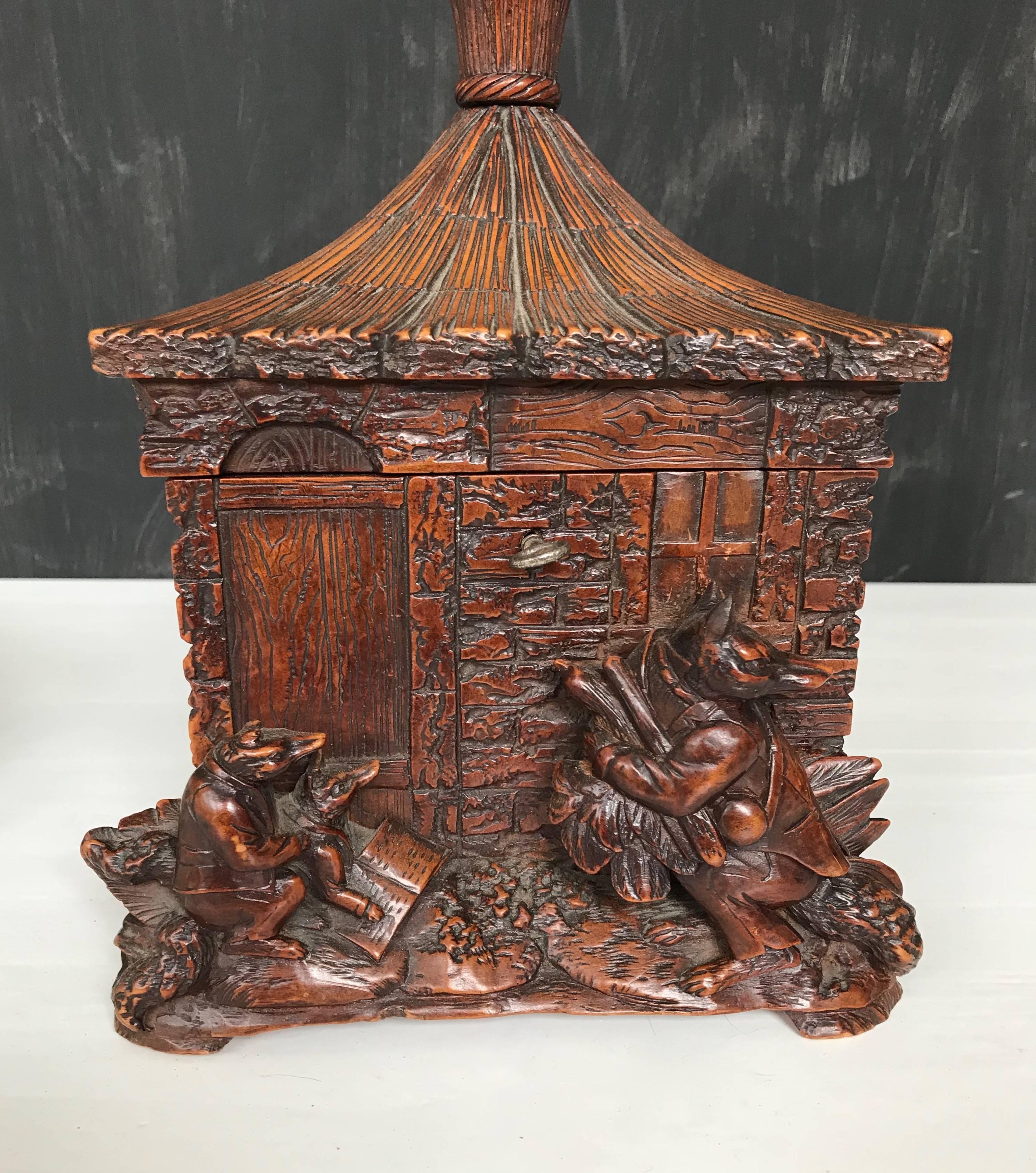 European Stunning & Antique Black Forest Box, Carved Cottage w. Figural Fox Family Group