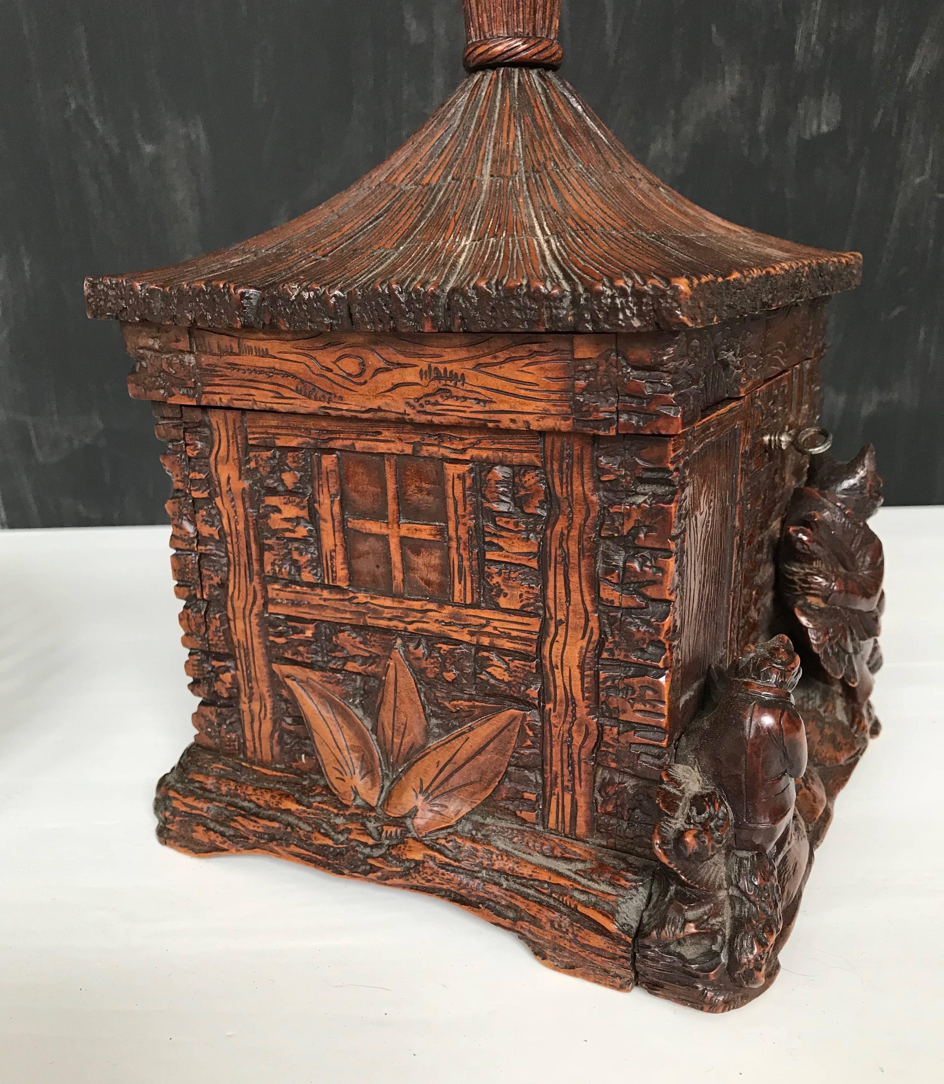 Stunning & Antique Black Forest Box, Carved Cottage w. Figural Fox Family Group 1