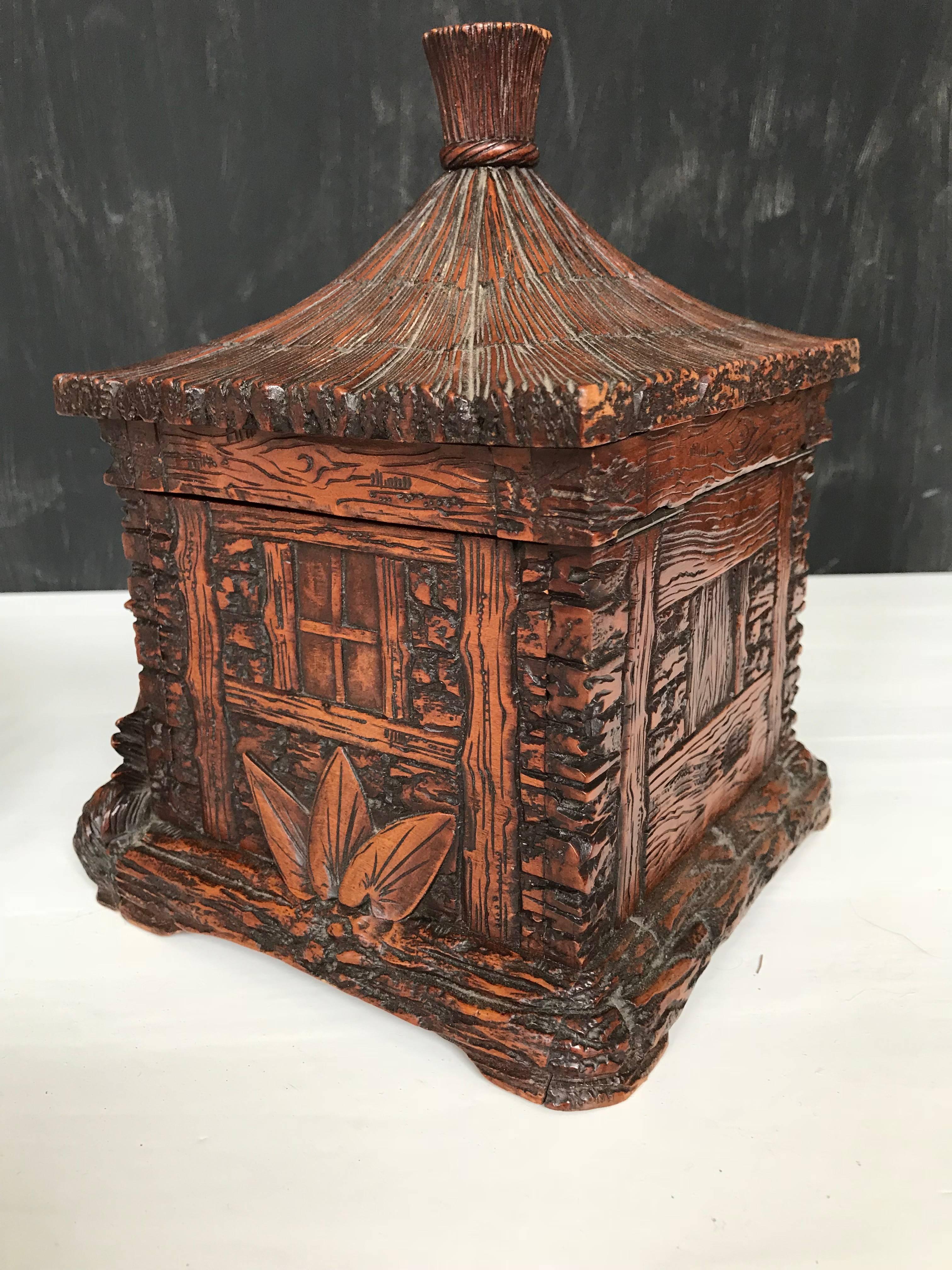 Stunning & Antique Black Forest Box, Carved Cottage w. Figural Fox Family Group 2