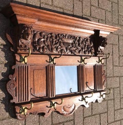 Antique Hand-Carved Neoclassical Revival Oak Wall Coat Rack with Mirror