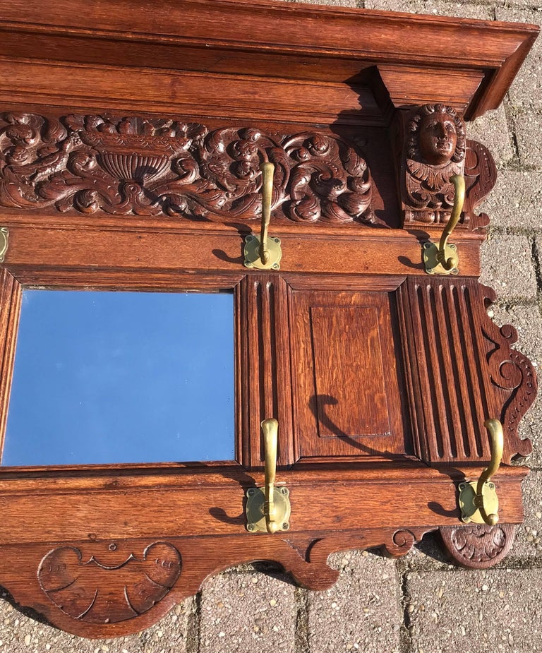 Antique Hand Carved Neoclassical, Oak Wall Coat Rack With Mirror
